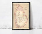 The image is a framed vintage map of Sri Lanka, depicting the country's geographical layout and boundaries.