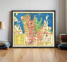 The image is a framed vintage map of a city, likely Sydney, Australia, with various landmarks and streets labeled.