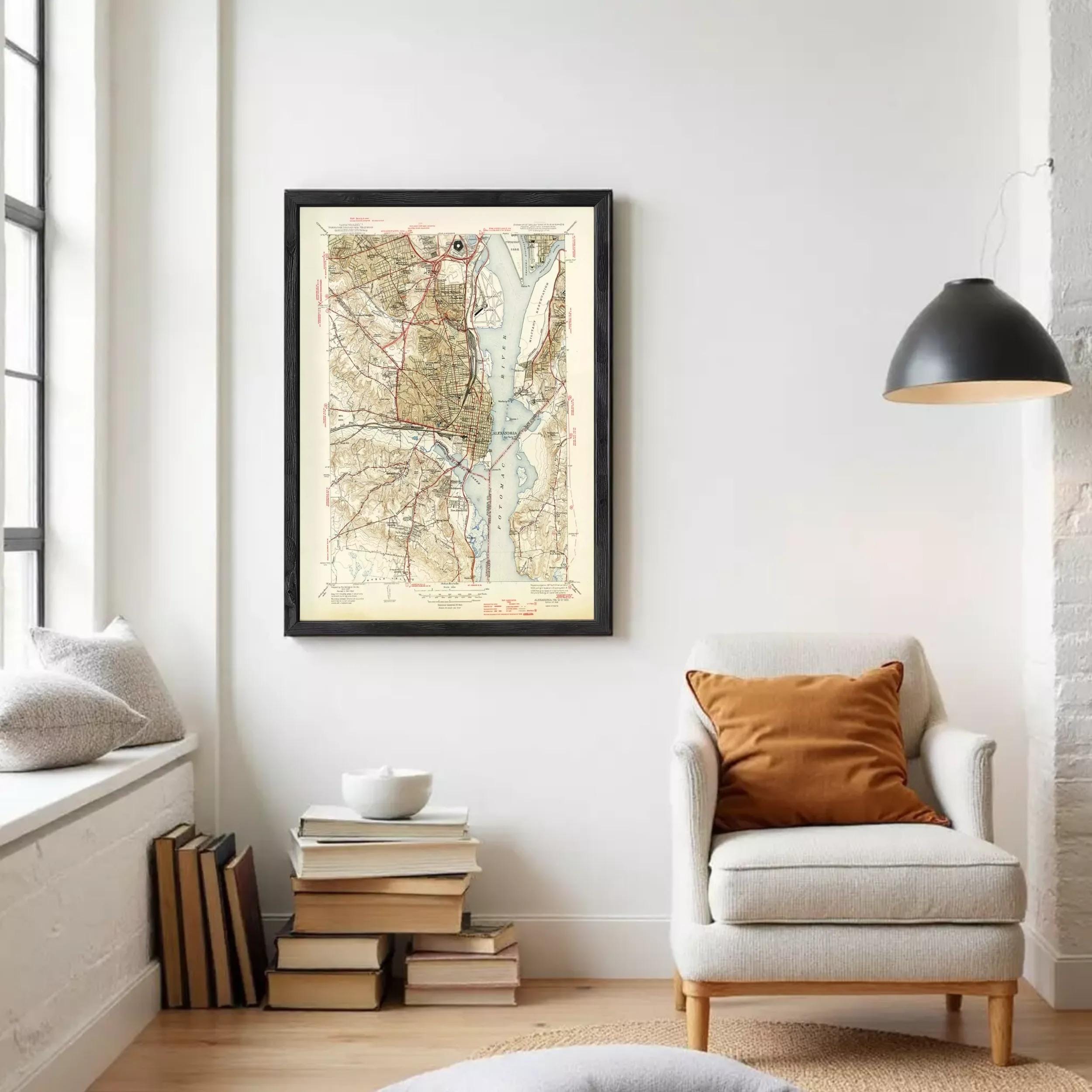 The image is a framed vintage map of the Washington, D.C. area, depicting the city's streets, waterways, and surrounding landscape.