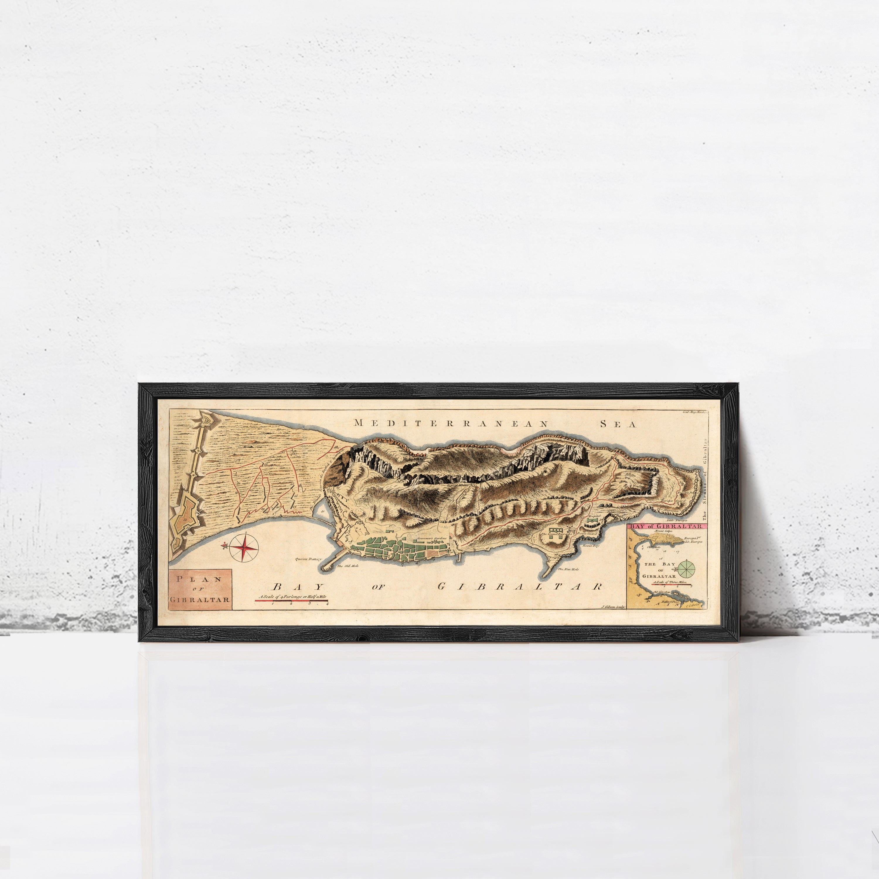 The image is a framed map of the Mediterranean Sea, depicting the Greek island of Gibraltar.