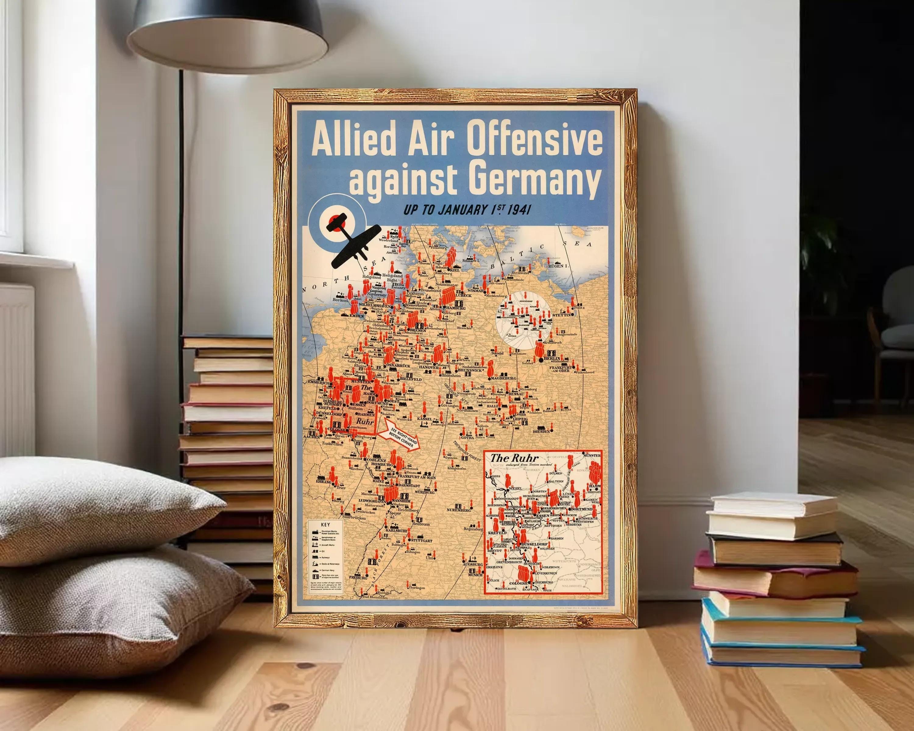 The image is a vintage poster depicting a map of the world with a focus on the Allied Air Offensive against Germany during World War II.