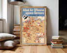 The image is a vintage poster depicting a map of the world with a focus on the Allied Air Offensive against Germany during World War II.