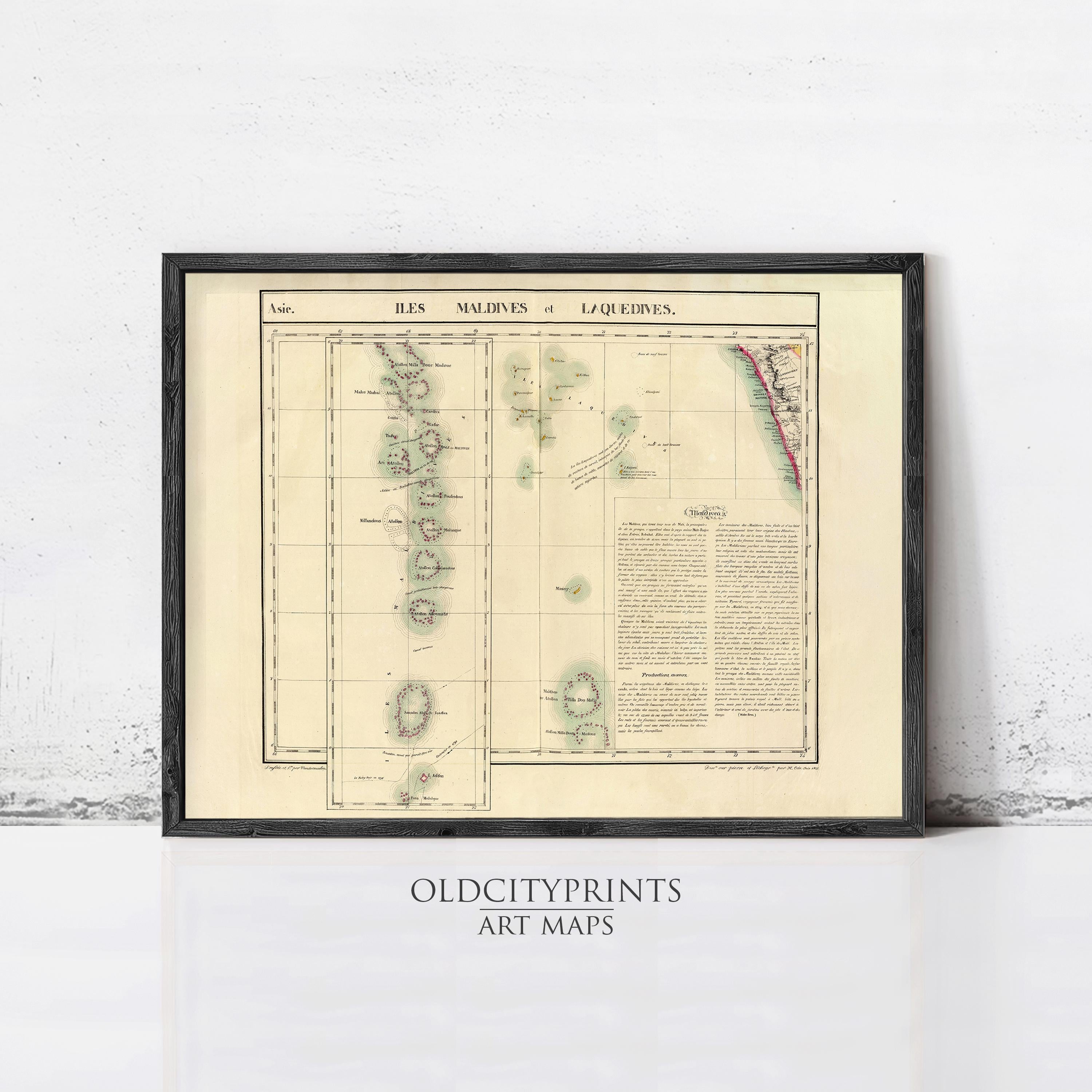 The image is a framed vintage map of the Maldives and Laquesdines, depicting the archipelago region in the Indian Ocean.