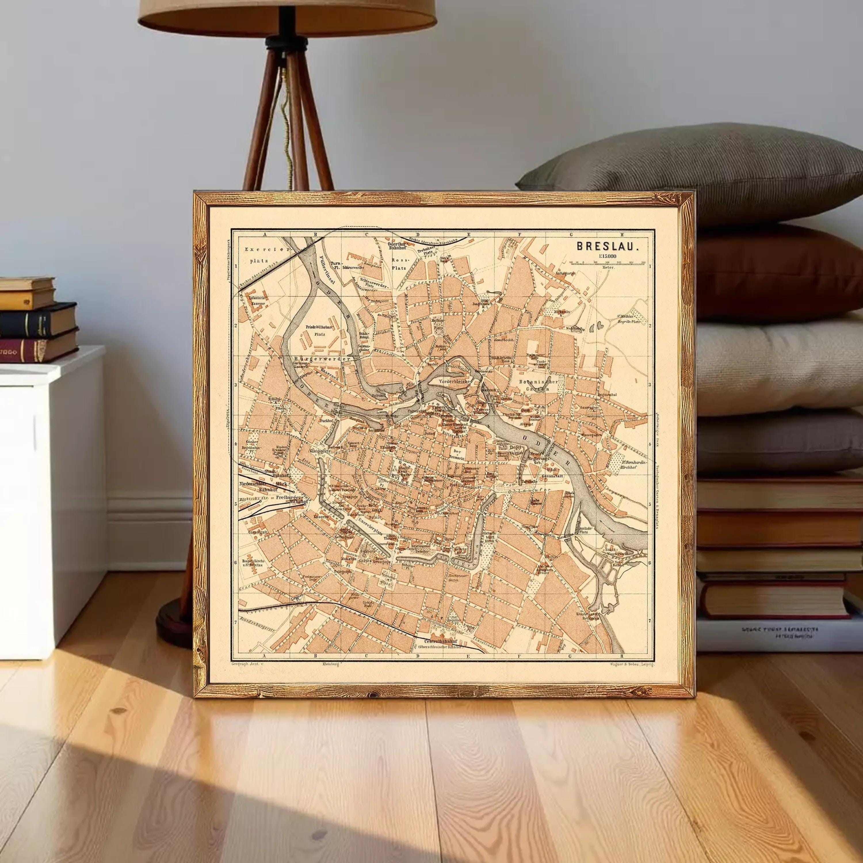 The image is a framed vintage map of Breslau, Germany, depicting the city's layout and surrounding areas.
