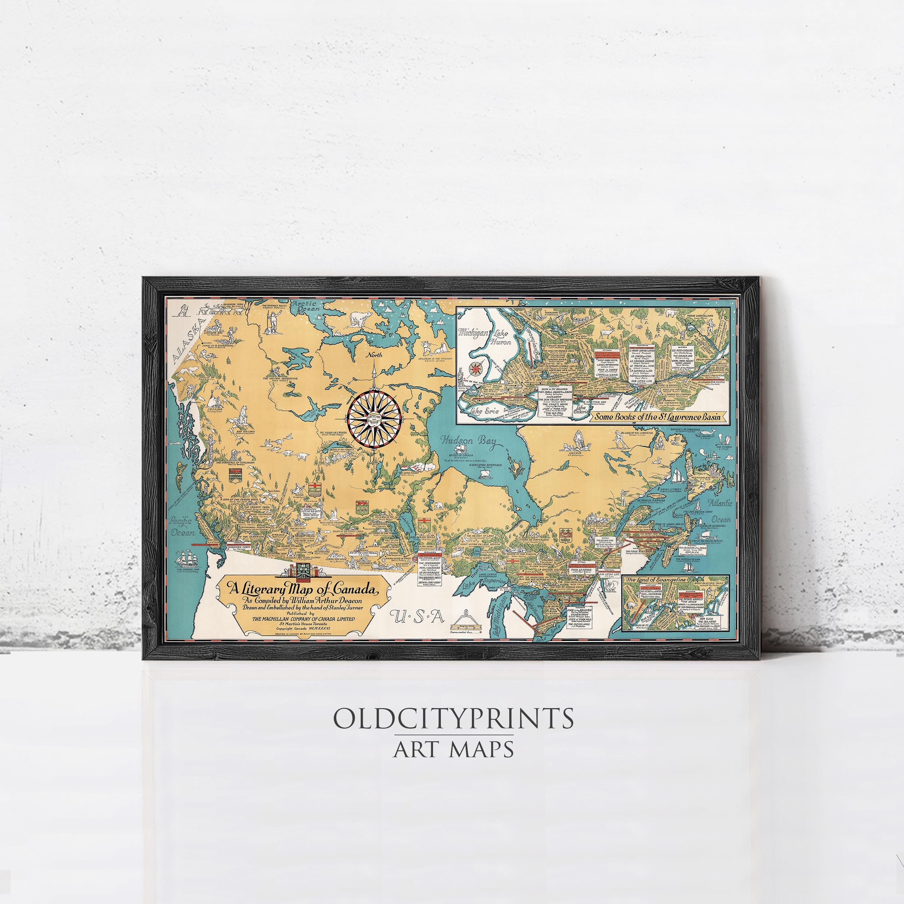 The image is a framed art map titled "A Literary Map of Canada" by William Howard Taft.