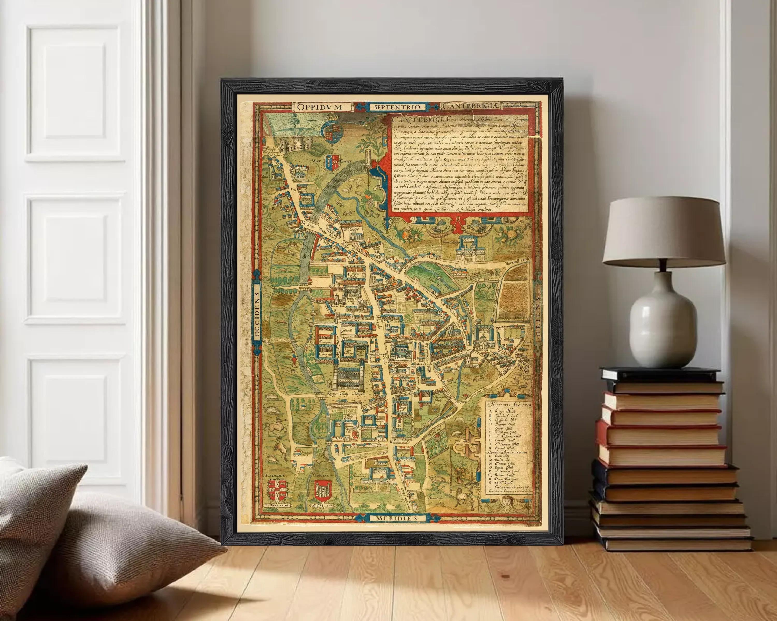 The image is a framed vintage map of a town or city, with detailed illustrations and labels.