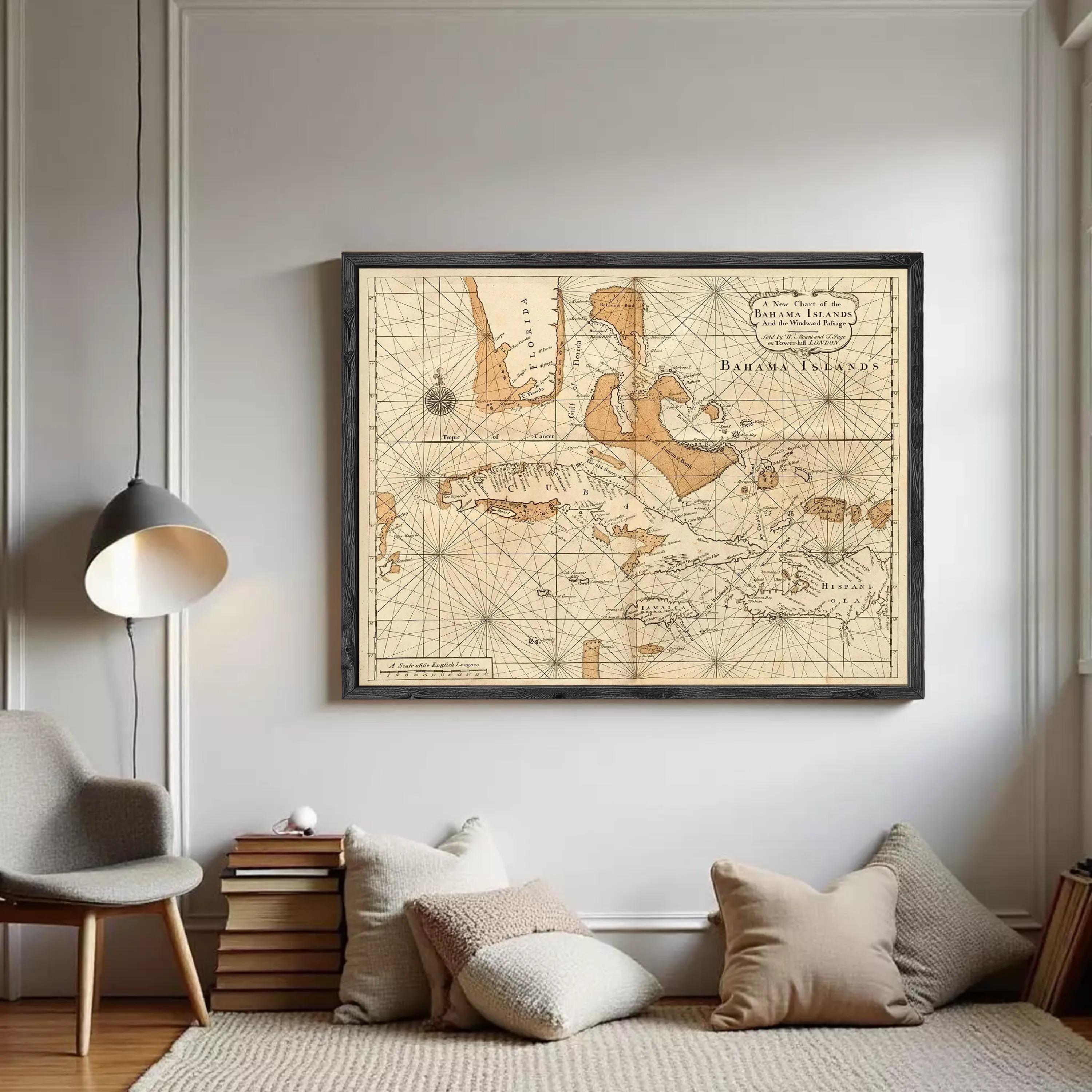The image is a framed vintage map of the Bahamas Islands, depicting the islands and surrounding areas in a detailed and intricate manner.