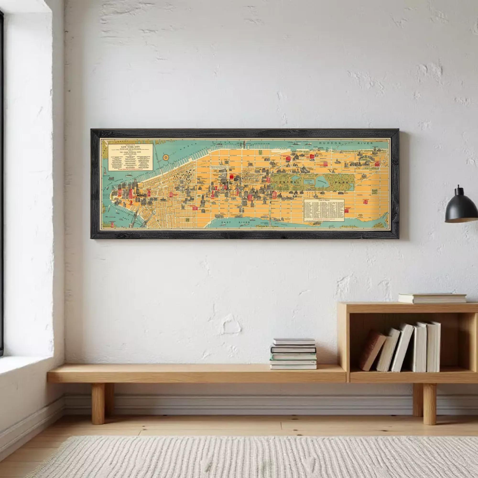The image is a framed map of New York City, depicting various landmarks and locations within the city.