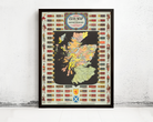 The image is a framed poster depicting a map of Scotland, with various symbols and flags surrounding the map.
