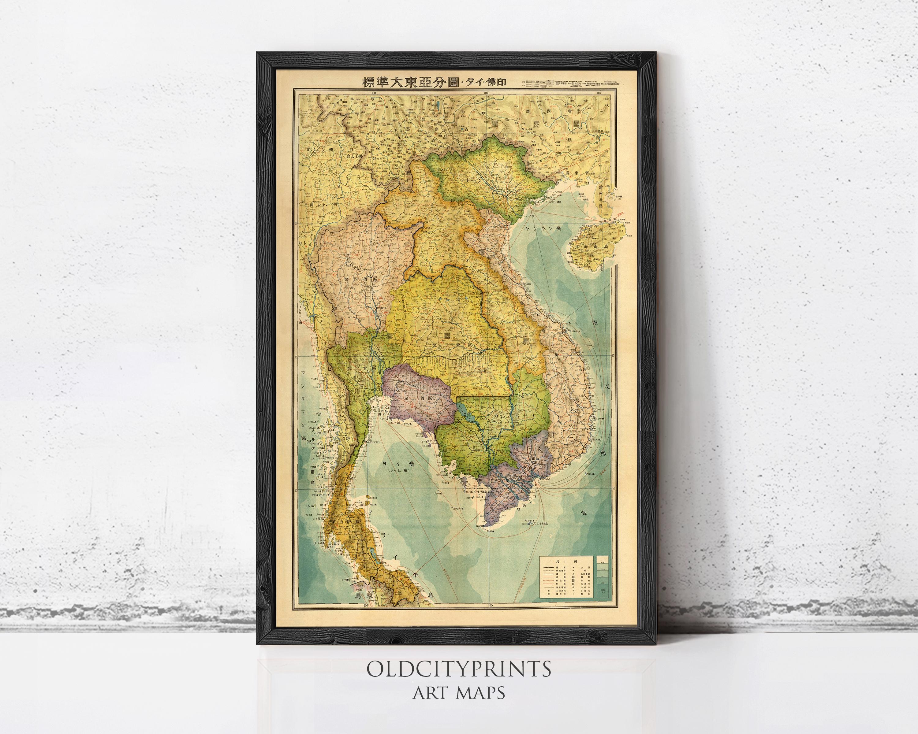 The image is a framed vintage map of Southeast Asia, including countries like Thailand, Vietnam, and Laos.