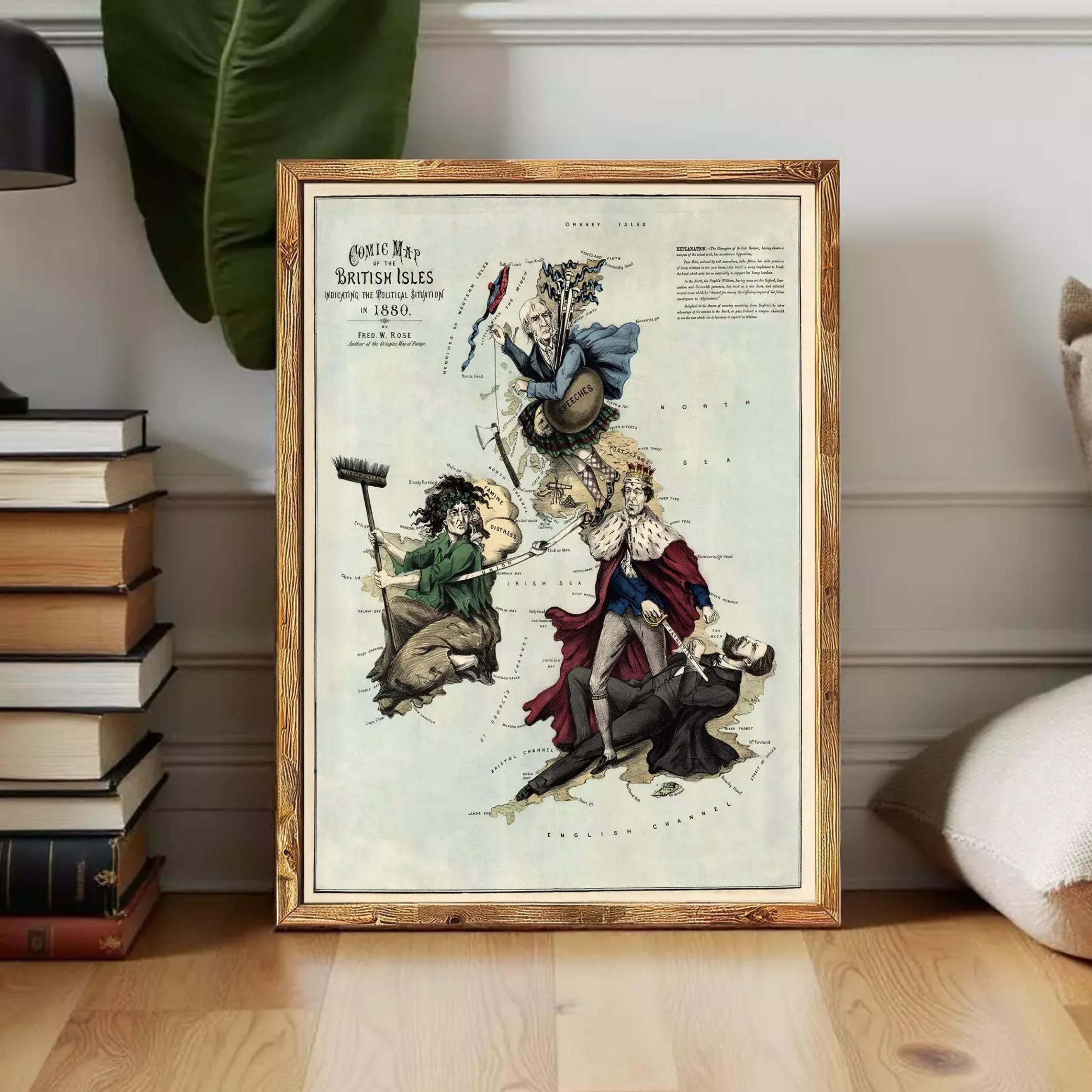 The image is a framed vintage map depicting a scene with various characters, including a man in a blue suit and hat, a woman in a green dress, and a man in a red suit and hat. The map appears to be from the 19th century, and the text includes the words "British Isles" and "1850".