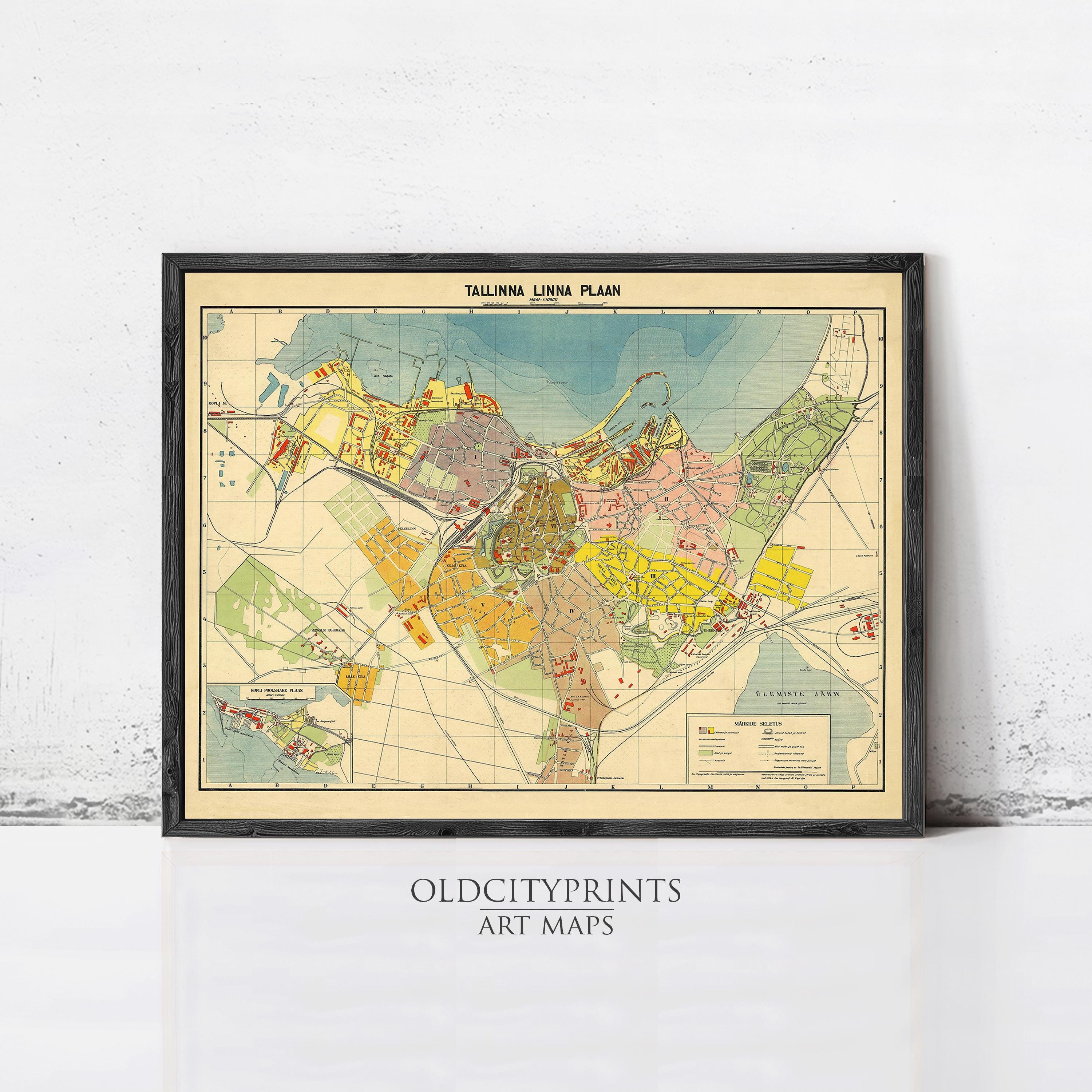 The image is a framed vintage map of Tallinn, Estonia, depicting the city's layout and surrounding areas.