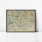 The image is a framed vintage map of Europe, featuring intricate illustrations and detailed geographical information.