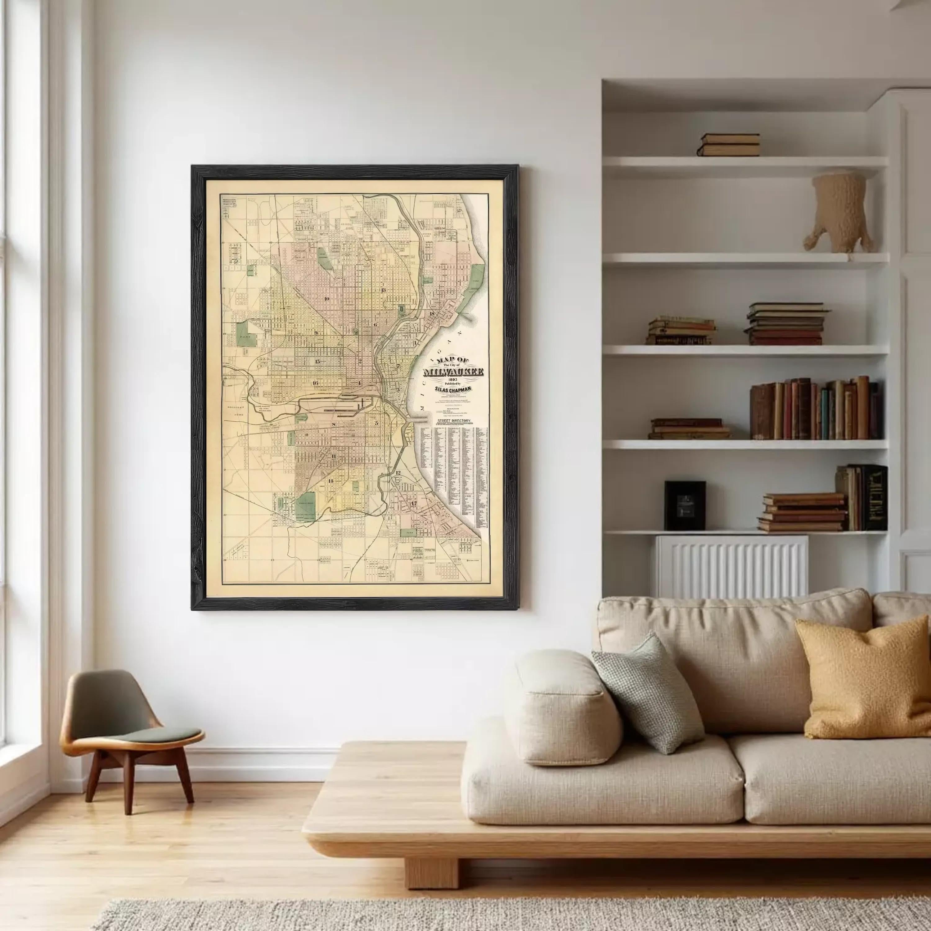 The image is a framed map of Milwaukee, Wisconsin, depicting the city's streets and neighborhoods.