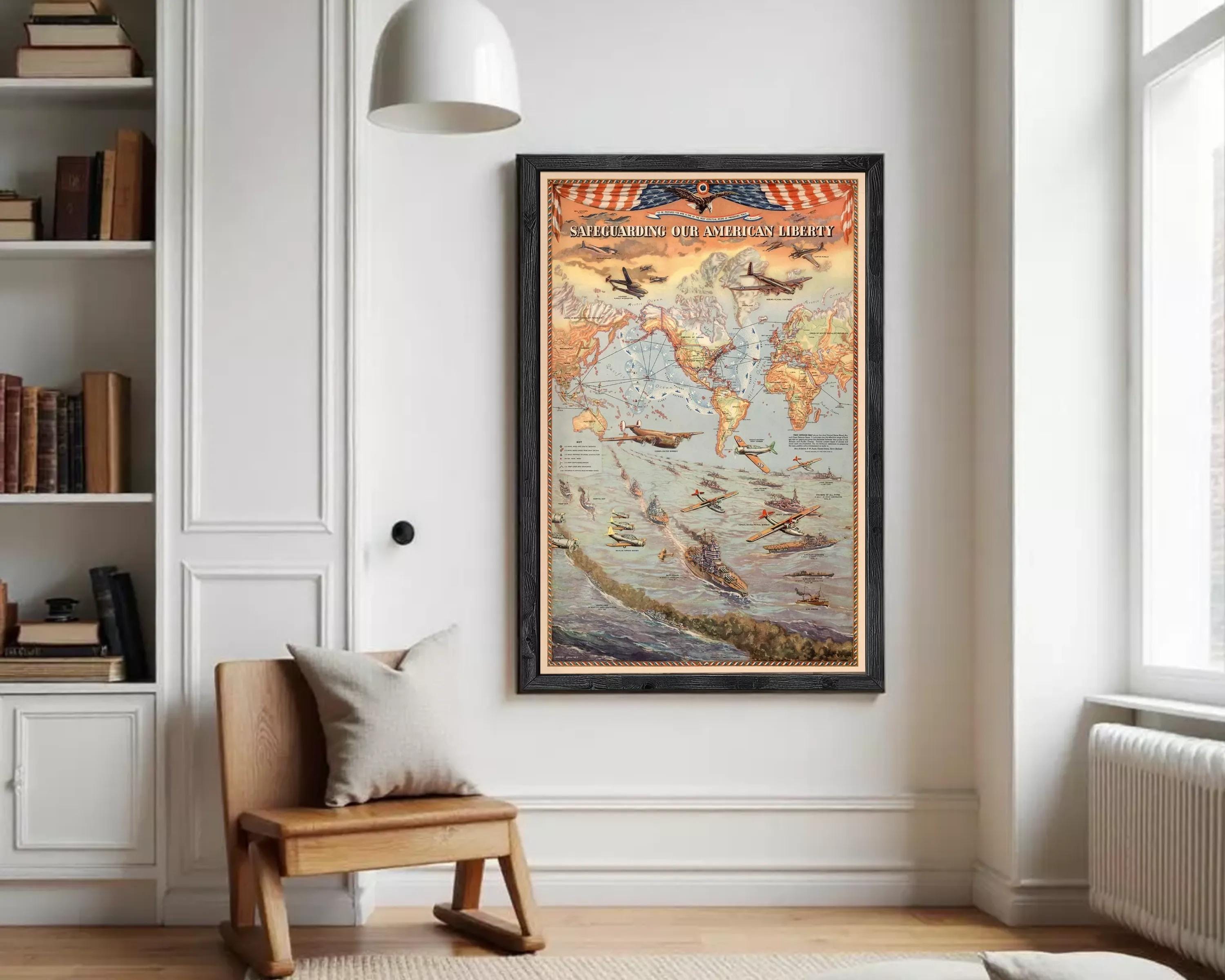 The image is a framed poster depicting various airplanes and ships, with a focus on the American military.