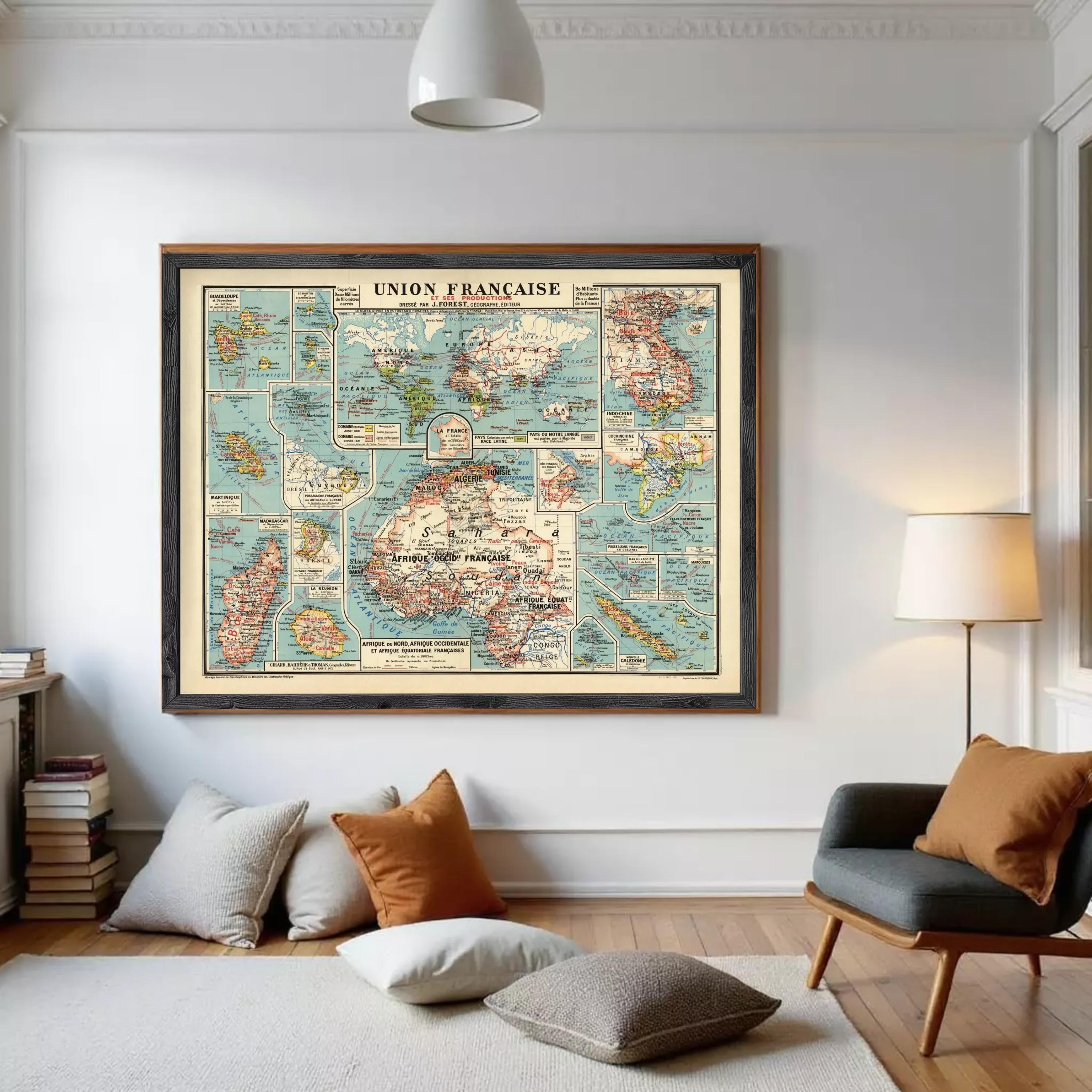The image is a framed vintage map of France, depicting various regions and islands across the country.