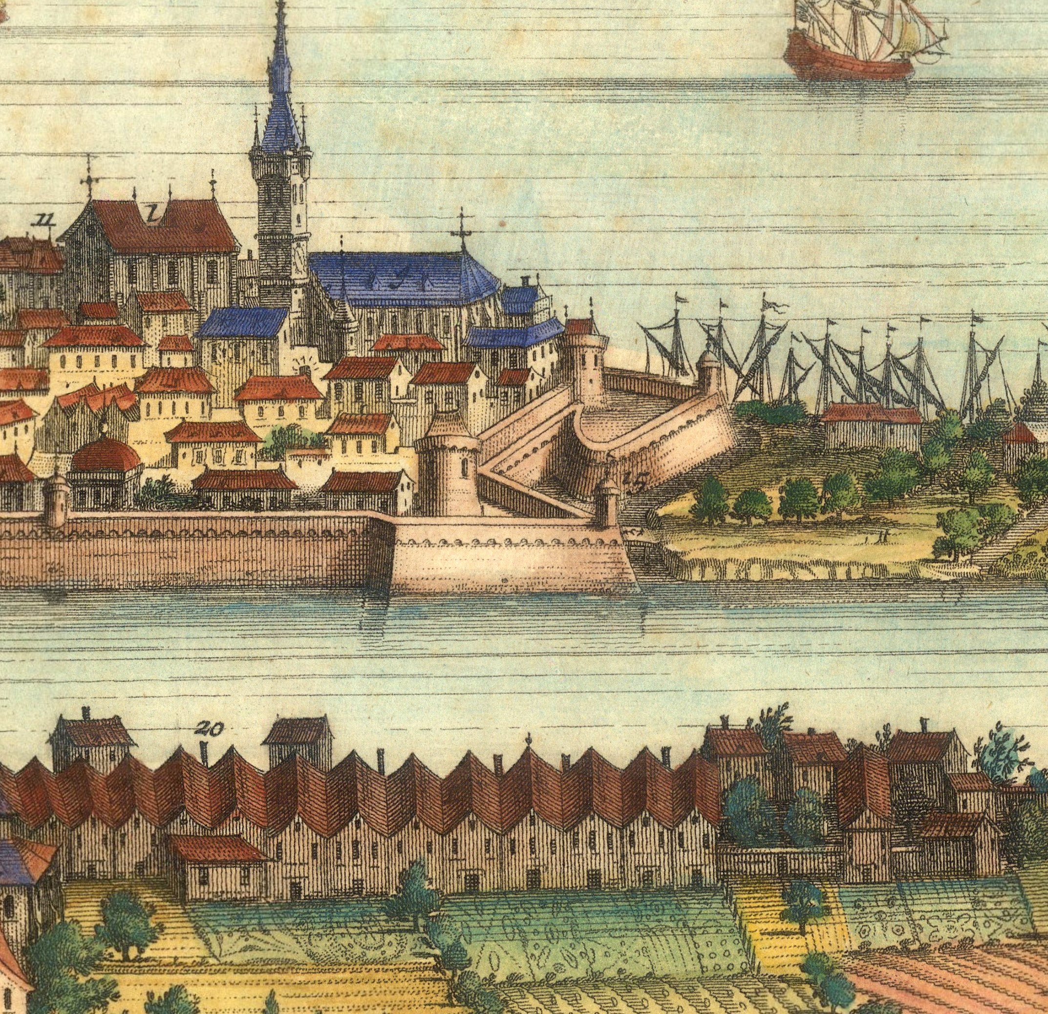 The image is a detailed illustration of a cityscape, featuring a variety of buildings, a church, and a ship in the background. The city appears to be situated near a body of water, with a bridge connecting different parts of the city. The overall composition and attention to detail suggest that this is a historical or architectural representation of a city.