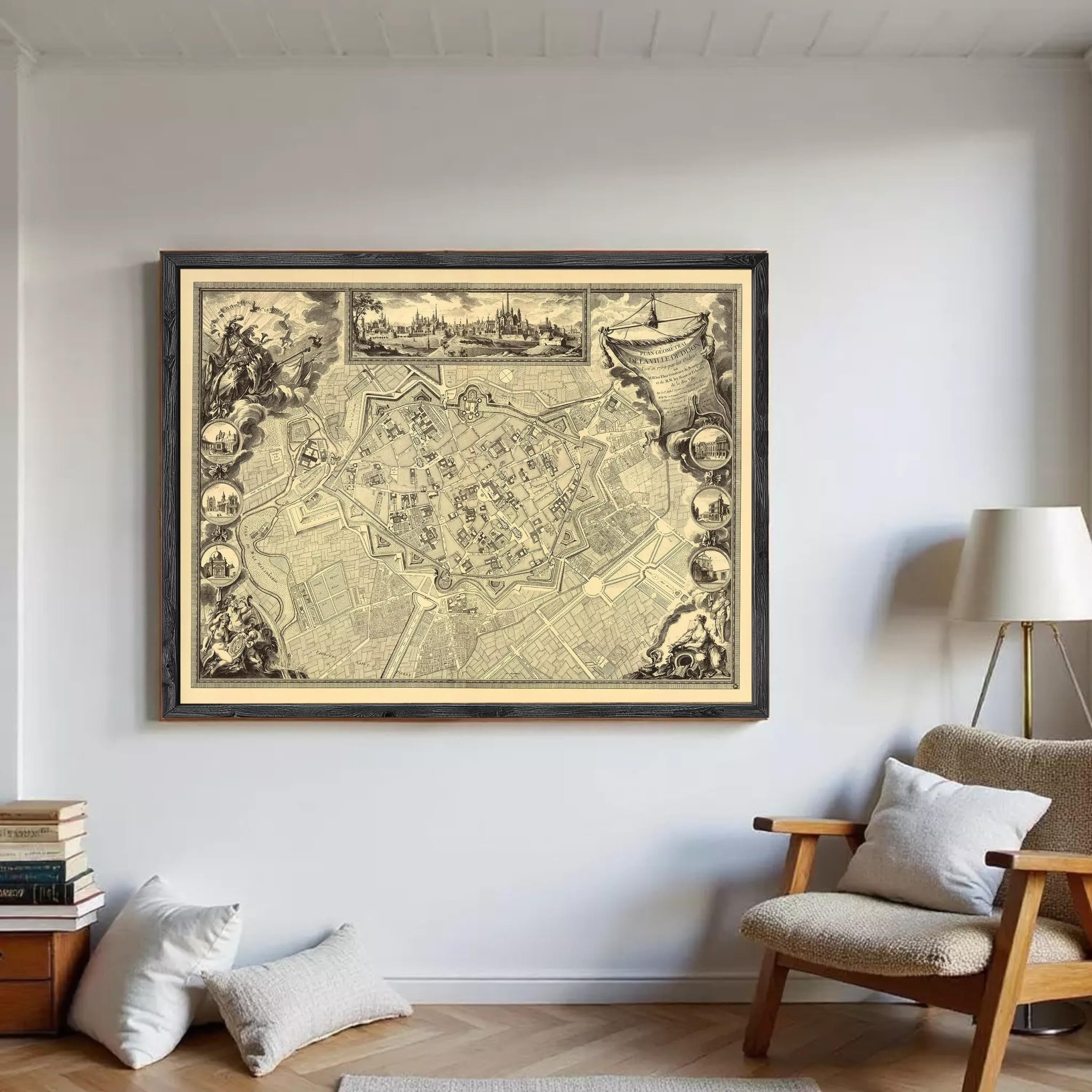 The image is a framed antique map of a city, depicting a detailed layout of the streets and surrounding areas.