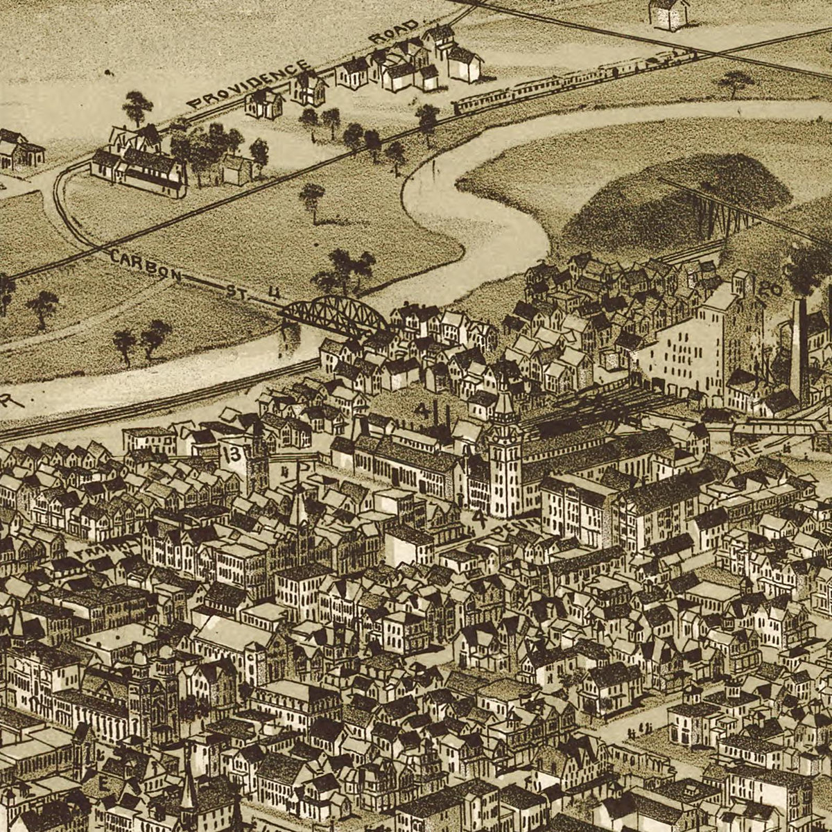 The image is a detailed black and white illustration of a city, depicting a densely populated urban area with buildings, roads, and a river or canal running through the center.