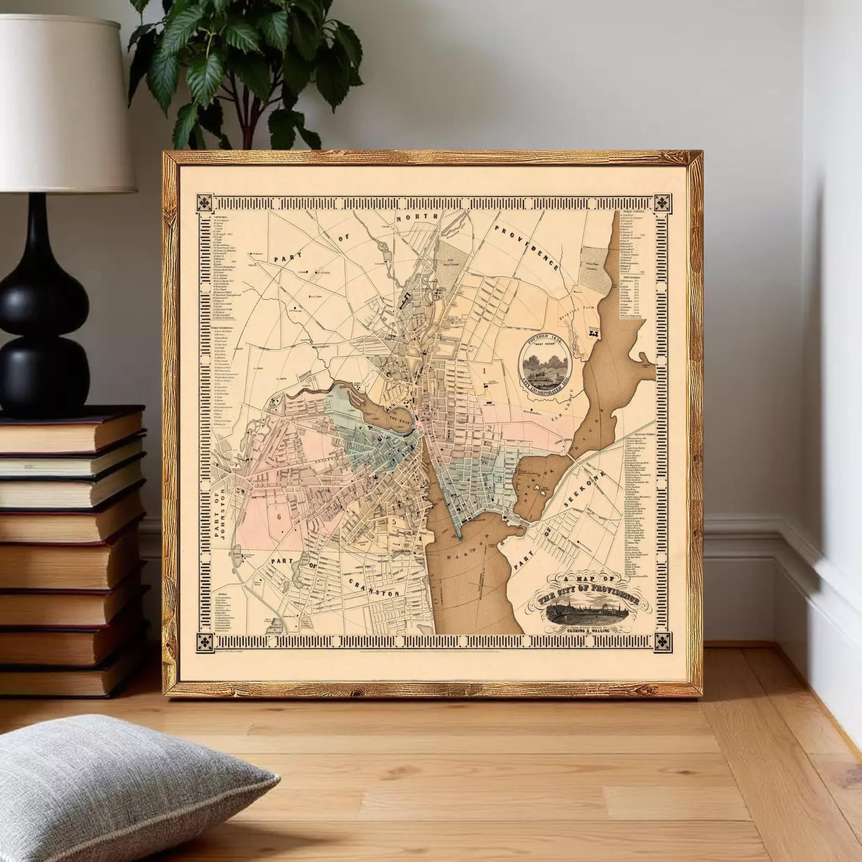 The image is a framed antique map of Boston, Massachusetts, depicting the city's layout and surrounding areas.