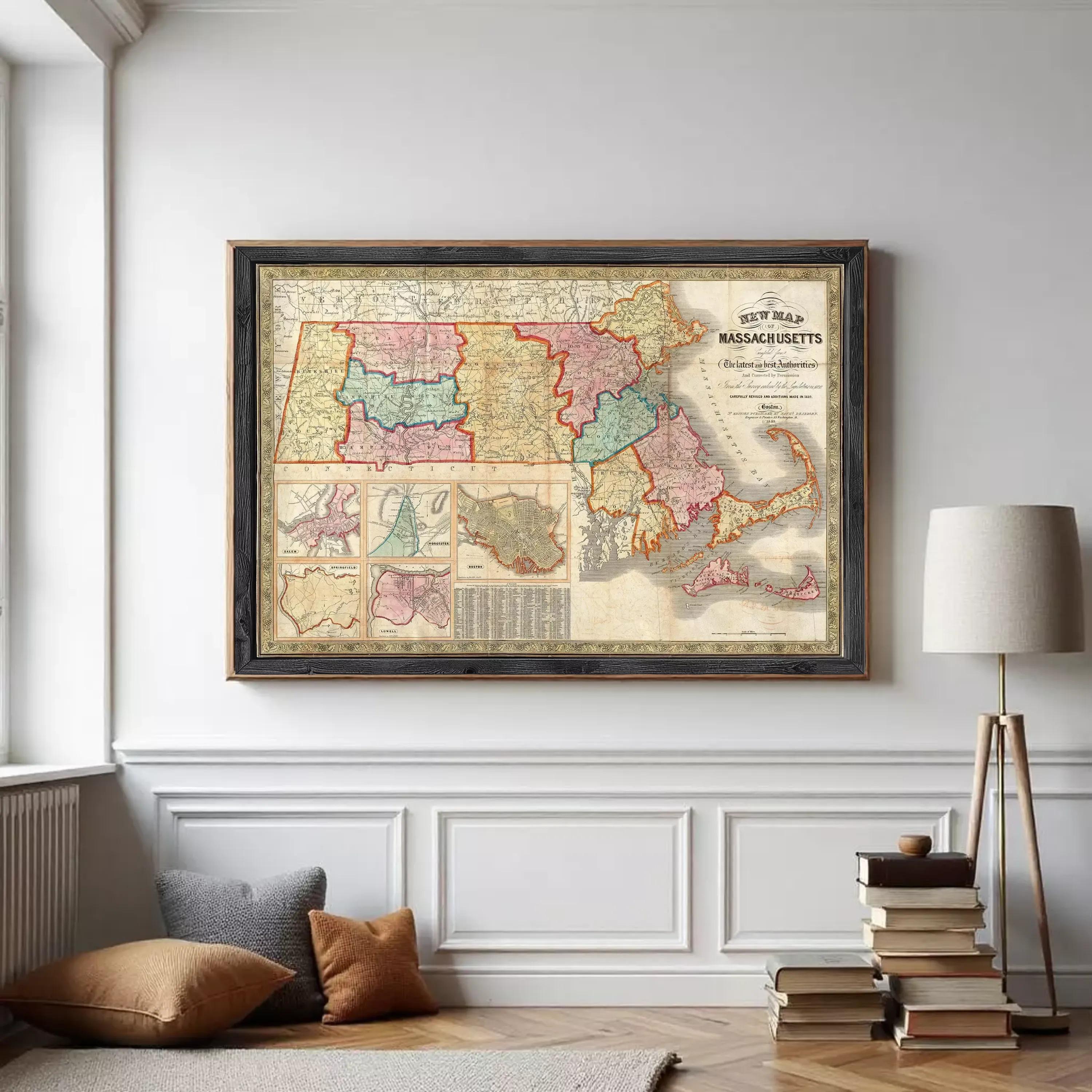 The image is a framed vintage map of Massachusetts, depicting the state's geographical layout and boundaries.