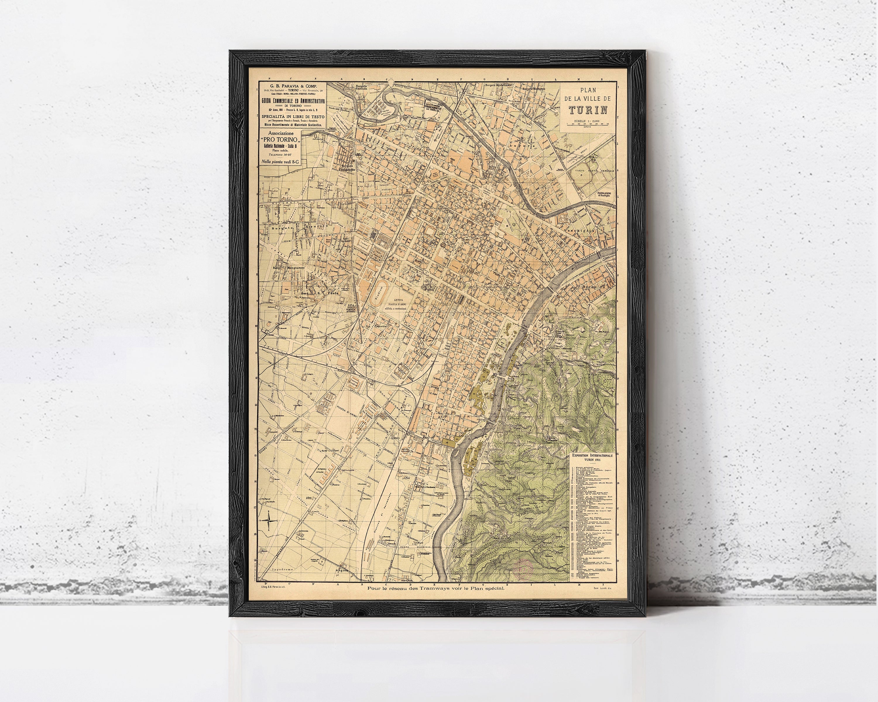 The image is a framed vintage map of the city of Turin, Italy, depicting the layout of the city and surrounding areas.