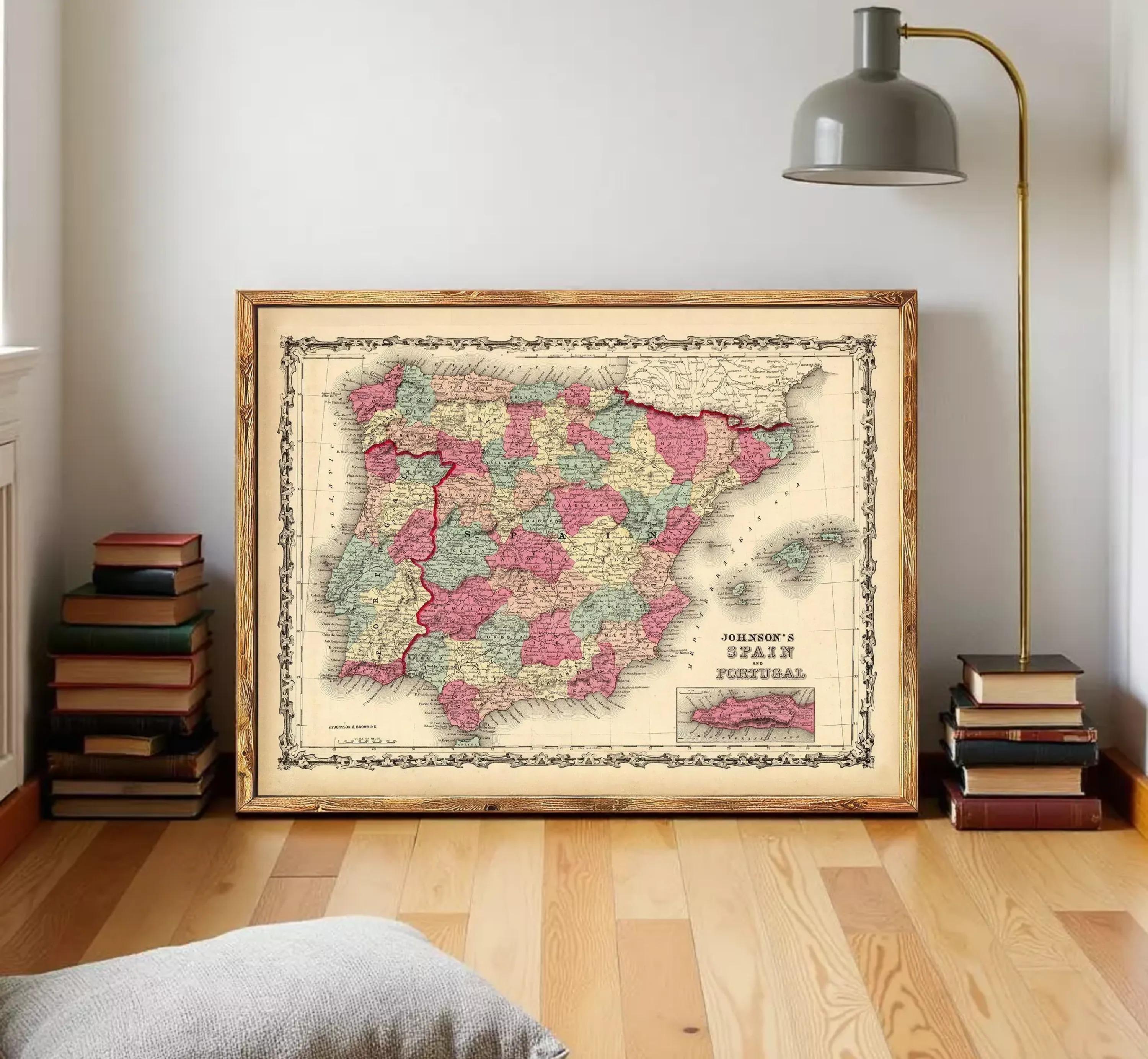 The image is a framed vintage map of Spain, depicting the country in a detailed and colorful manner.