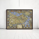 The image is a large framed map of London, England, with various landmarks and streets depicted in a detailed and colorful manner.
