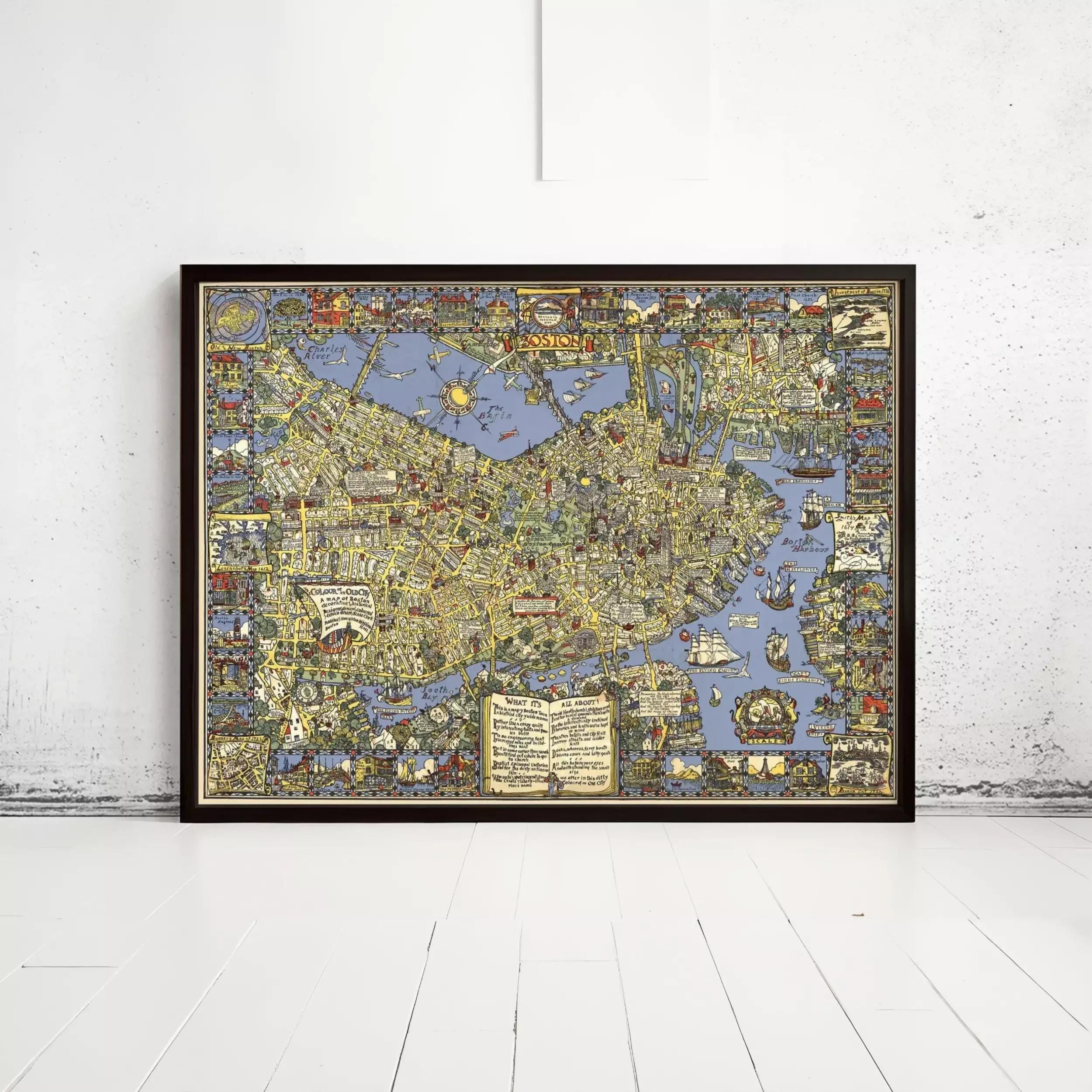The image is a large framed map of London, England, with various landmarks and streets depicted in a detailed and colorful manner.
