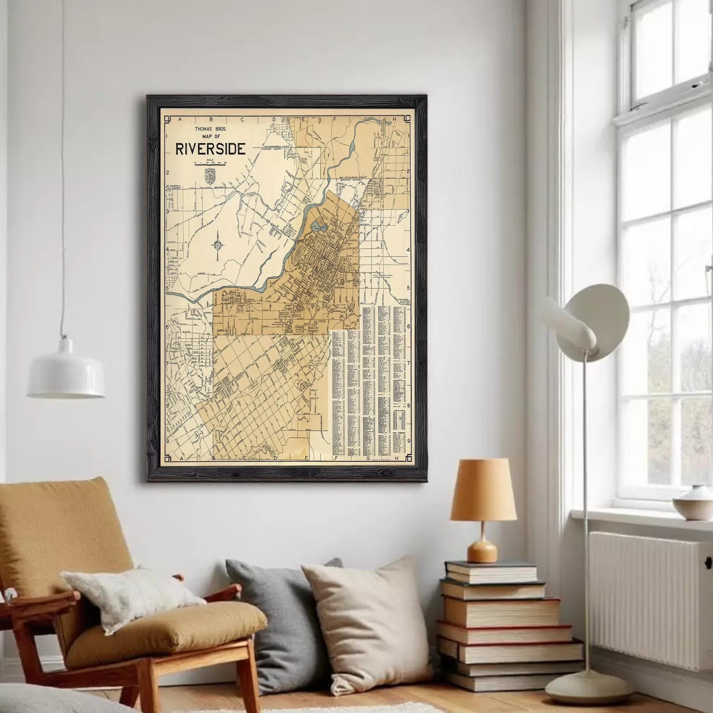 The image is a framed vintage map of Thomas Bros. Riverside, with a detailed layout of the area and surrounding streets.