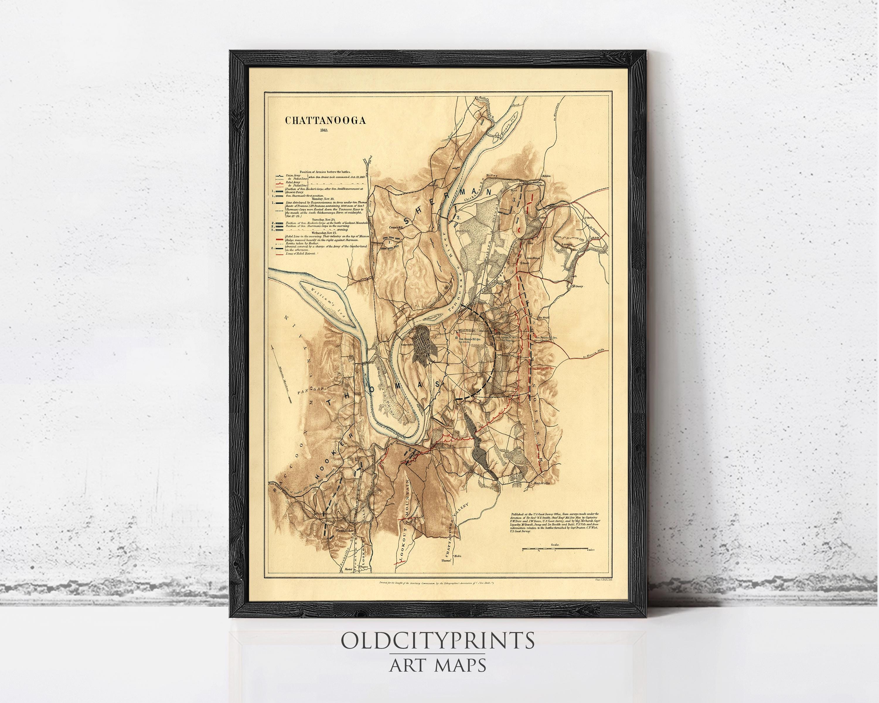 The image is a framed vintage map of Chattanooga, Tennessee, depicting the city's layout and surrounding areas.