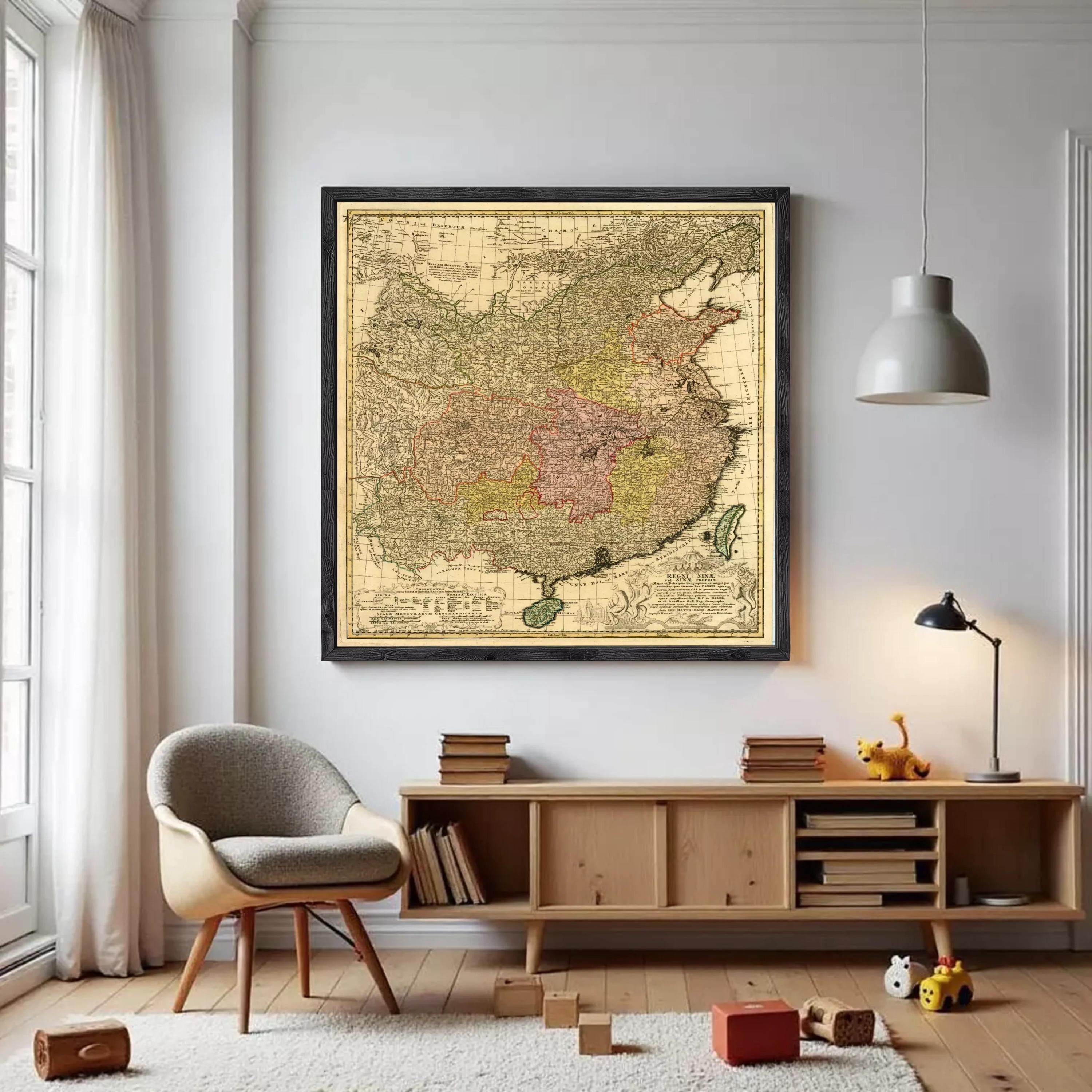 The image is a framed vintage map of China, depicting the country in a detailed and intricate manner.