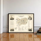 The image is a framed map of a city, with various buildings and landmarks depicted.
