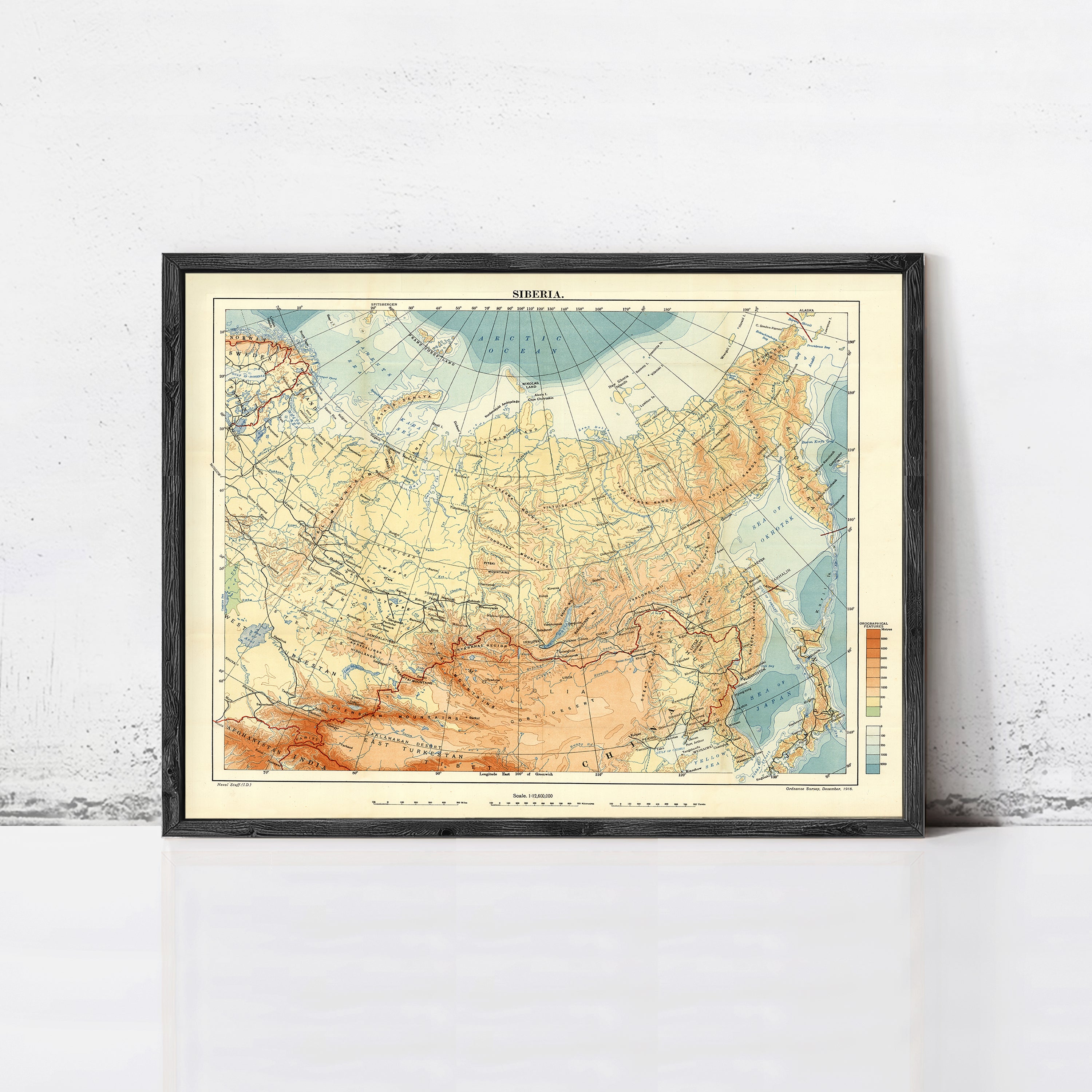 The image is a framed vintage map of the Arctic region, depicting the Arctic Ocean and surrounding landmasses.