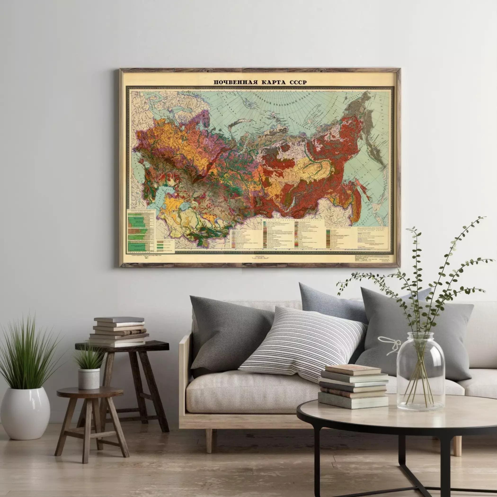 a large framed map of Russia hanging on a wall above a couch in a living room setting.