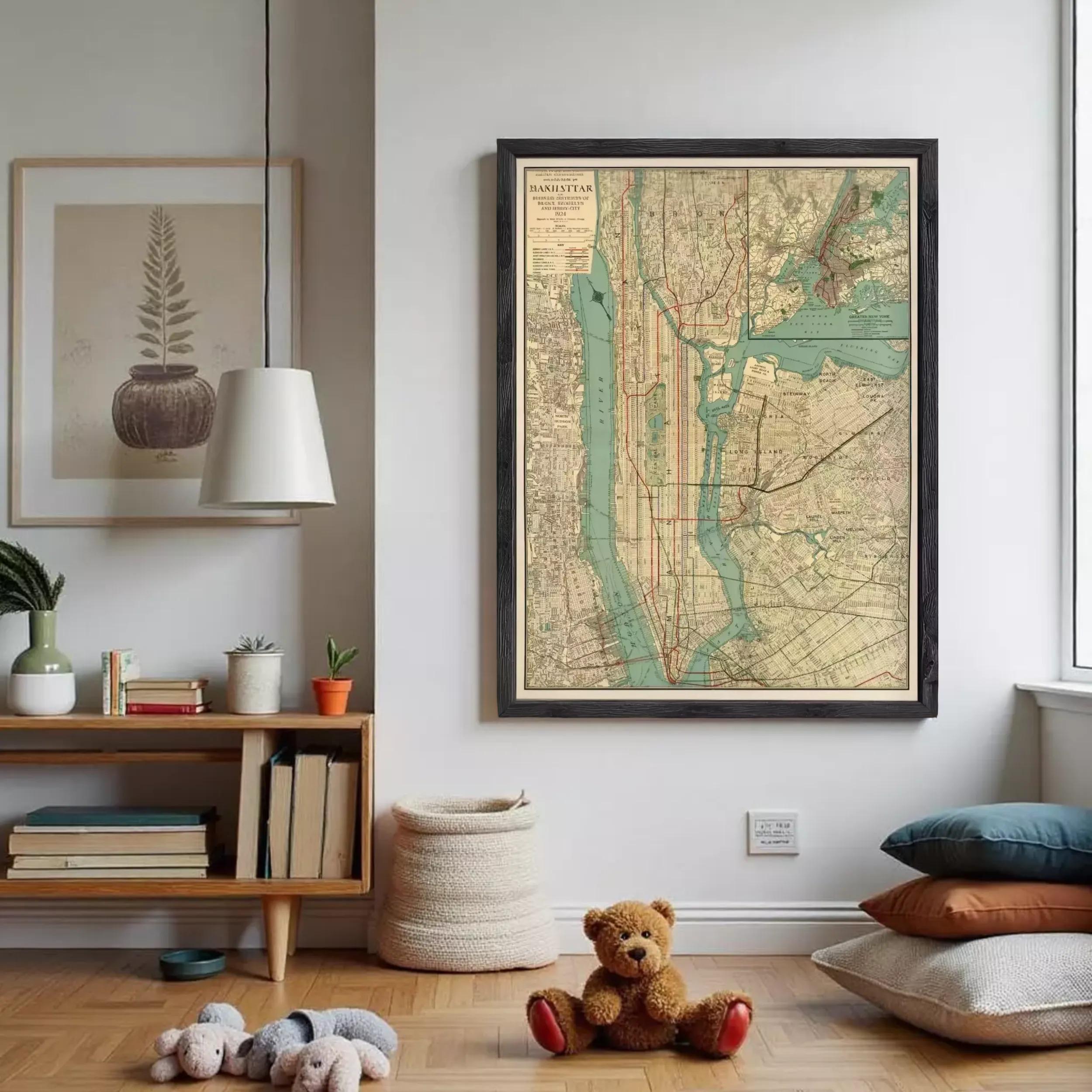 a cozy living room with a large framed map of New York City hanging on the wall. The room is decorated with various items, including a teddy bear, books, and potted plants.
