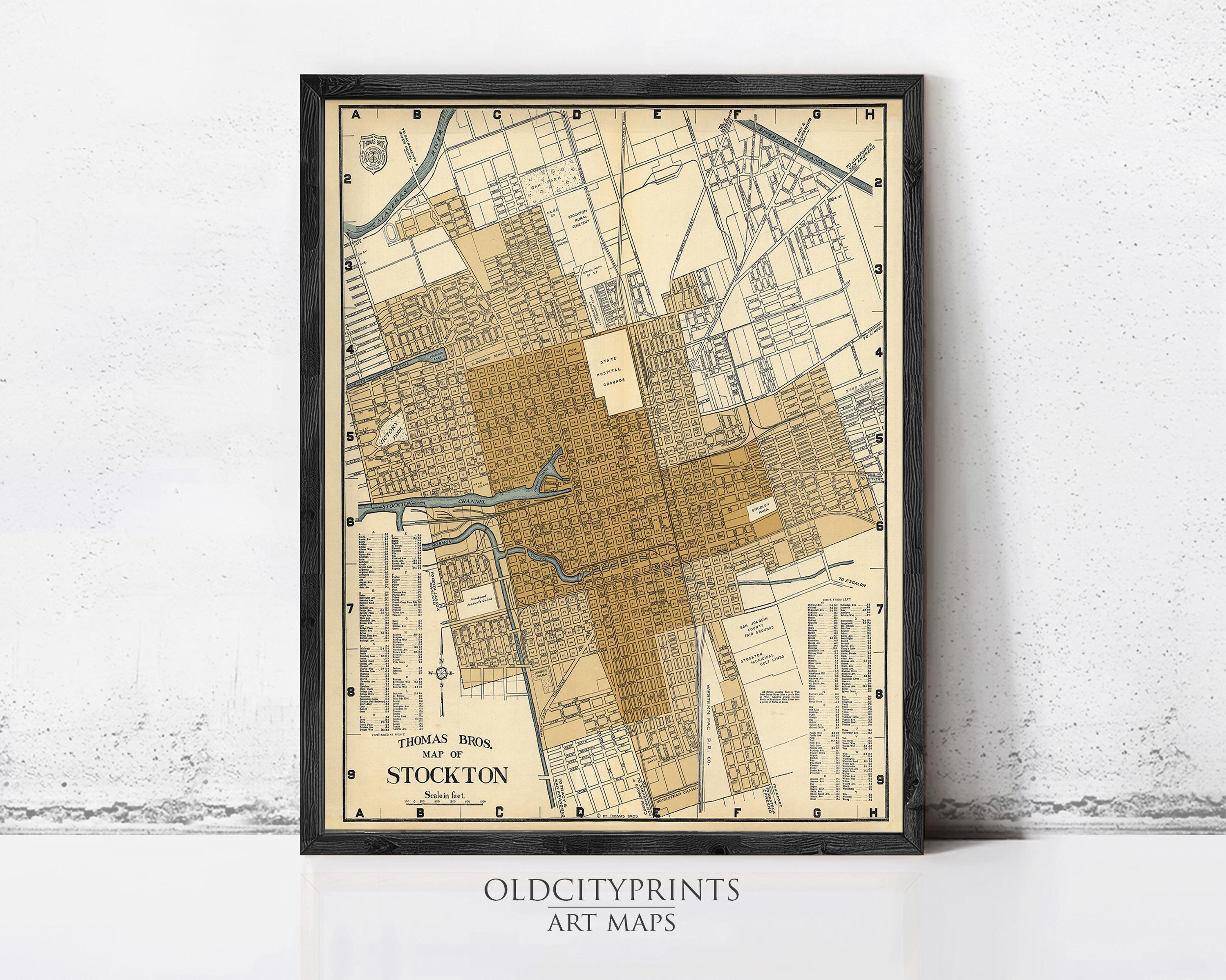 The image is a framed vintage map of Stockton, California, depicting the city's layout and surrounding areas.