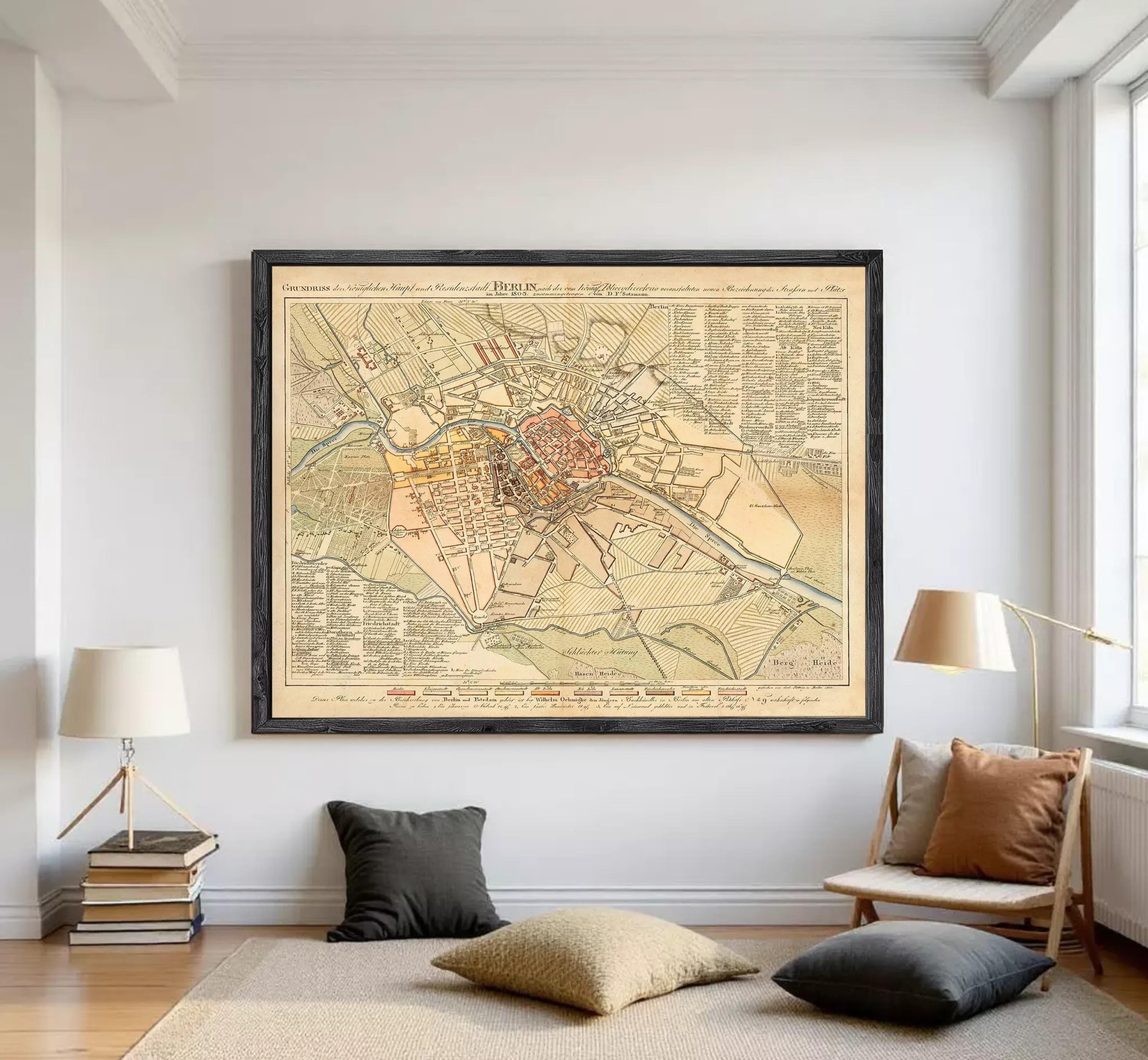 The image is a framed vintage map of Berlin, Germany, depicting the city's layout and surrounding areas.