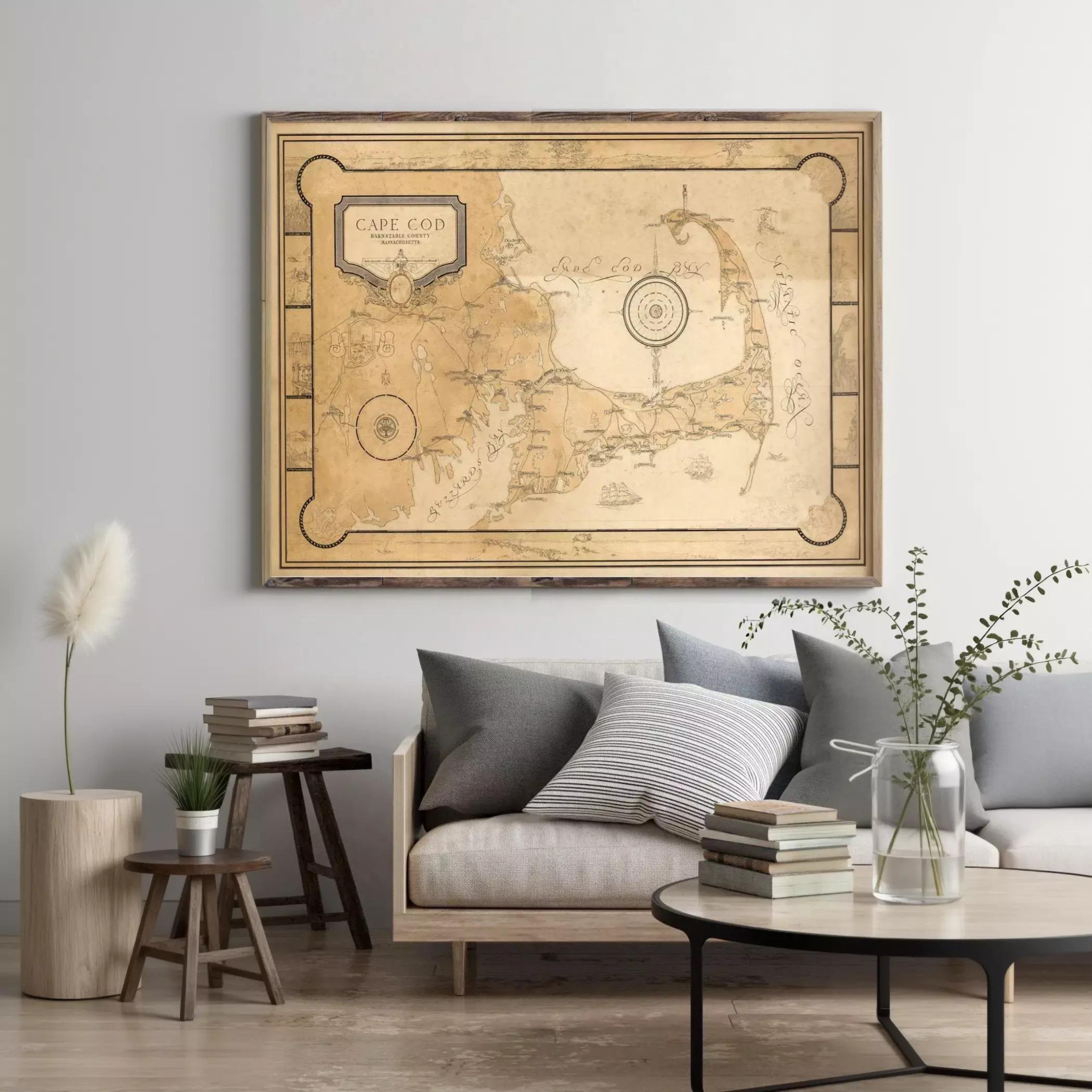 a living room with a large framed map of Cape Cod hanging on the wall above a couch with pillows. There are also some books and decorative items on the couch and coffee table.