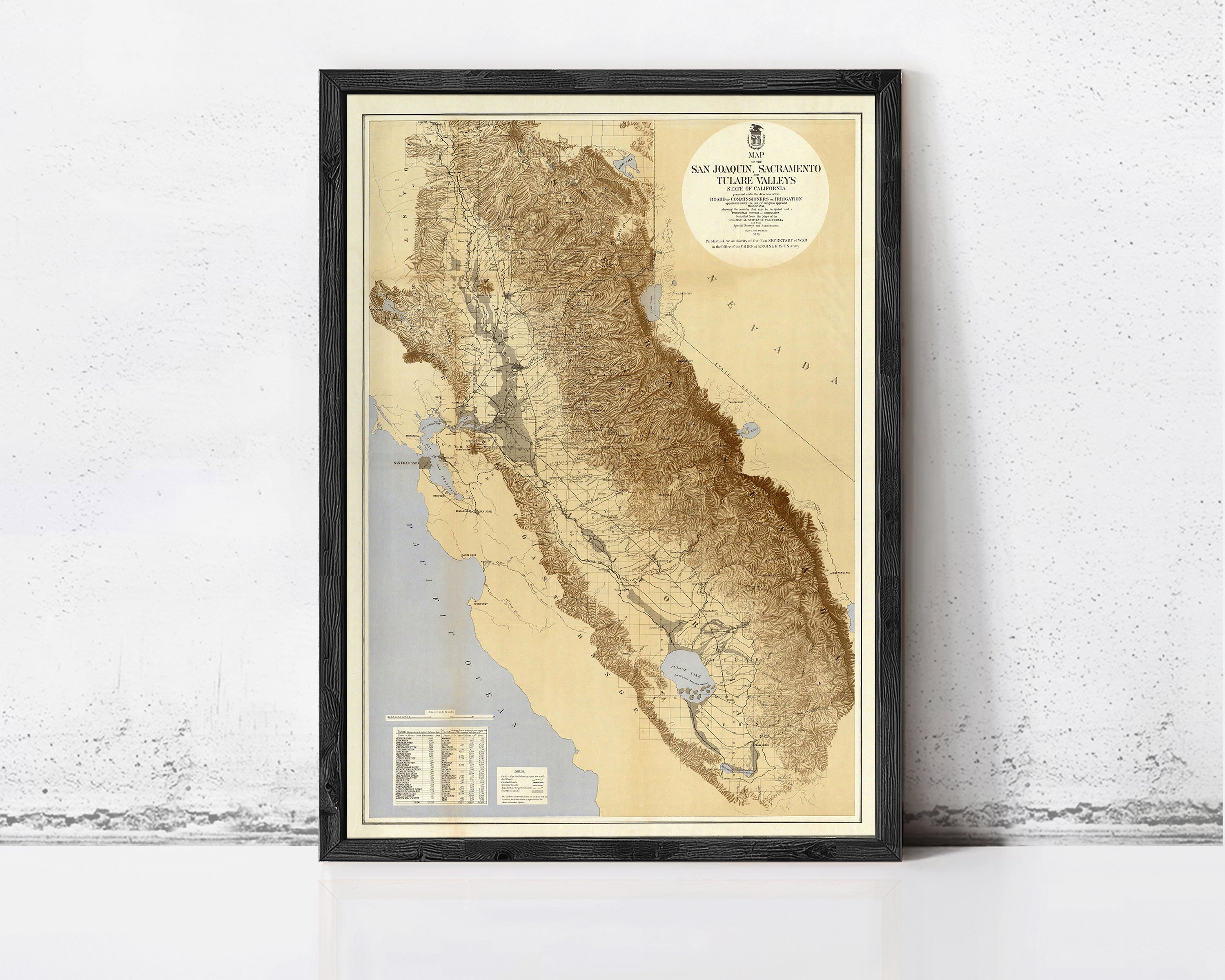 The image is a framed map of California, showing the state's geographical features and boundaries.