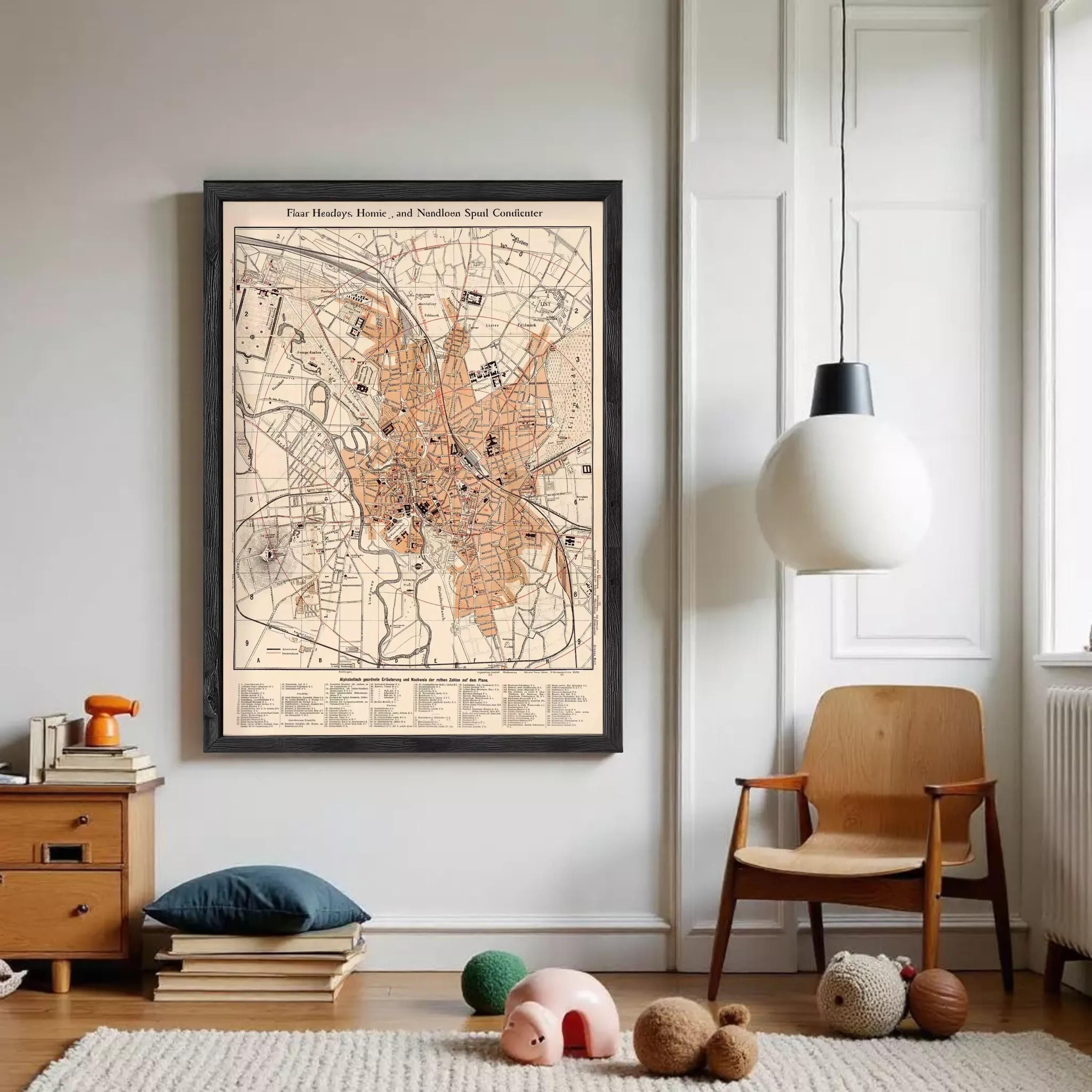 a framed map of a city hanging on a wall, with a wooden chair and a stack of books nearby.