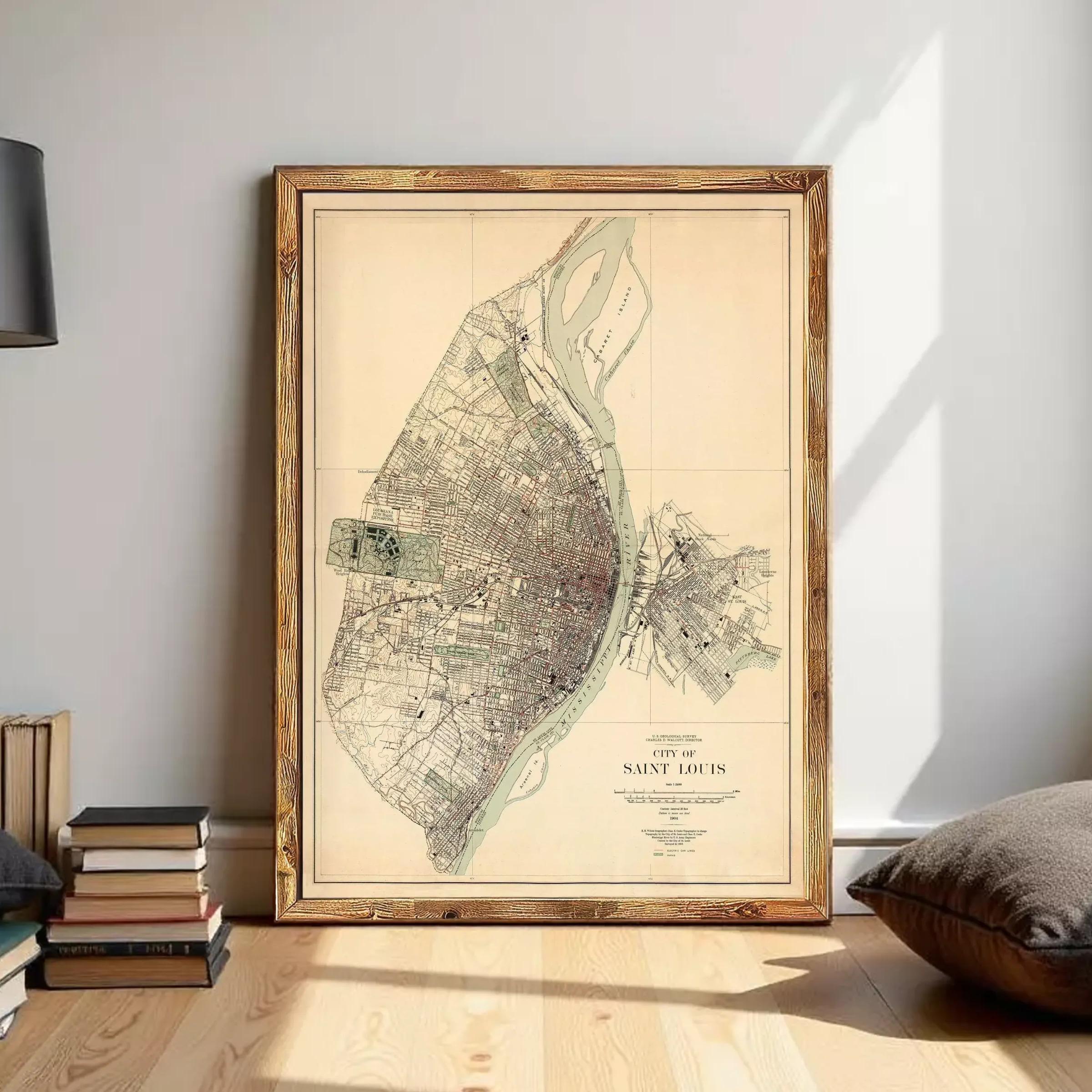 The image is a framed map of Saint Louis, Missouri, depicting the city's layout and surrounding areas.