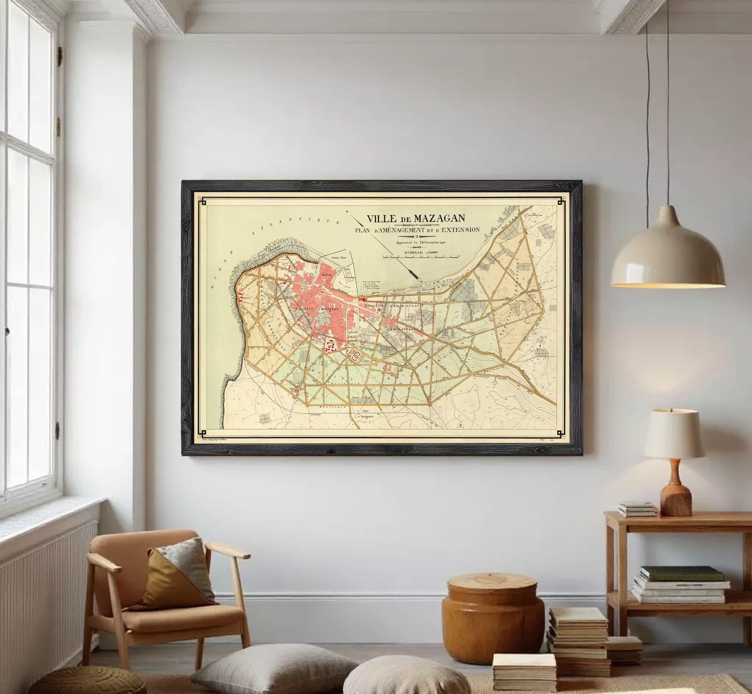 The image is a framed vintage map of the village of Mazagan, located in the Mediterranean region.