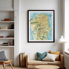 The image is a framed map of San Francisco, California, with a detailed and colorful depiction of the city's streets, landmarks, and surrounding areas.
