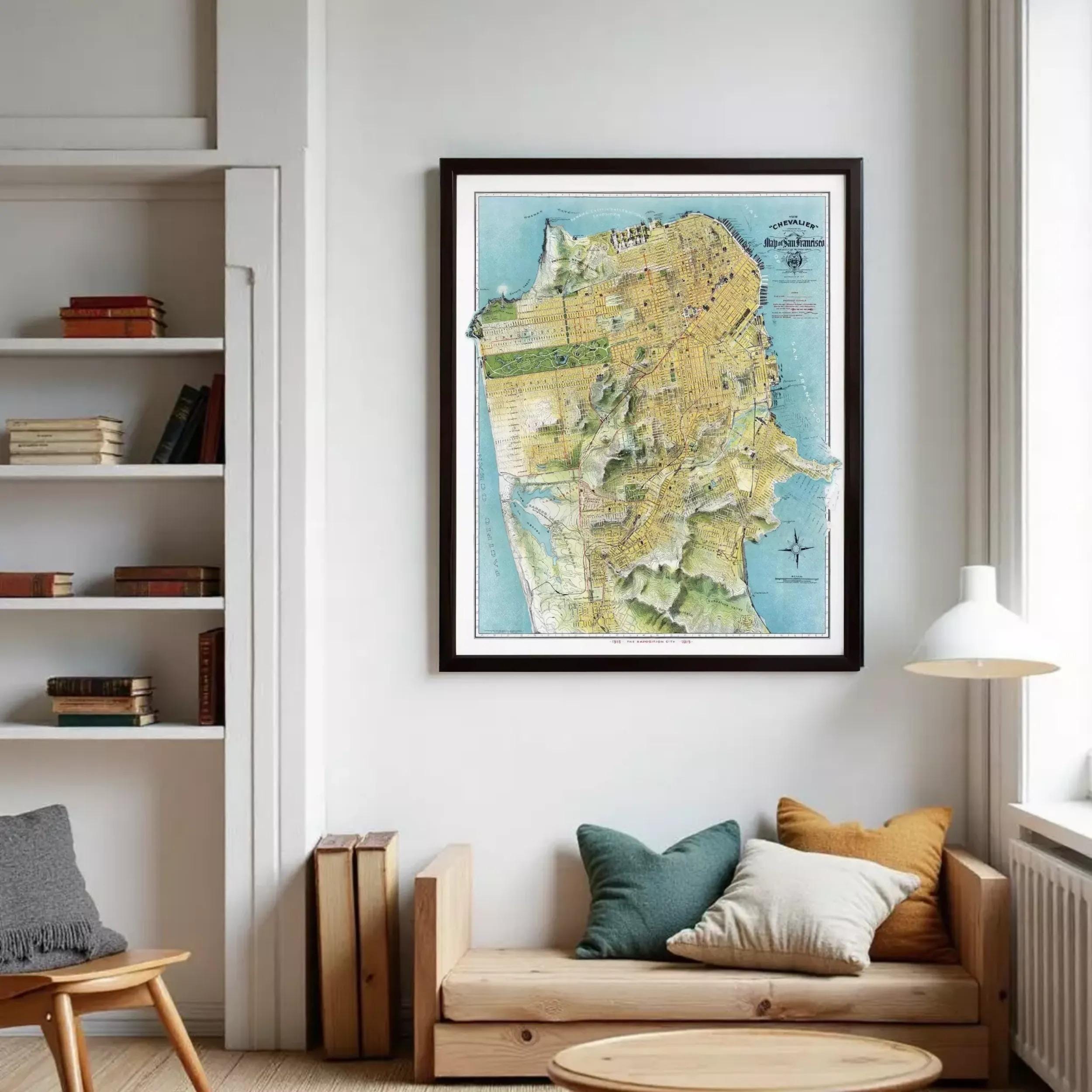 The image is a framed map of San Francisco, California, with a detailed and colorful depiction of the city's streets, landmarks, and surrounding areas.