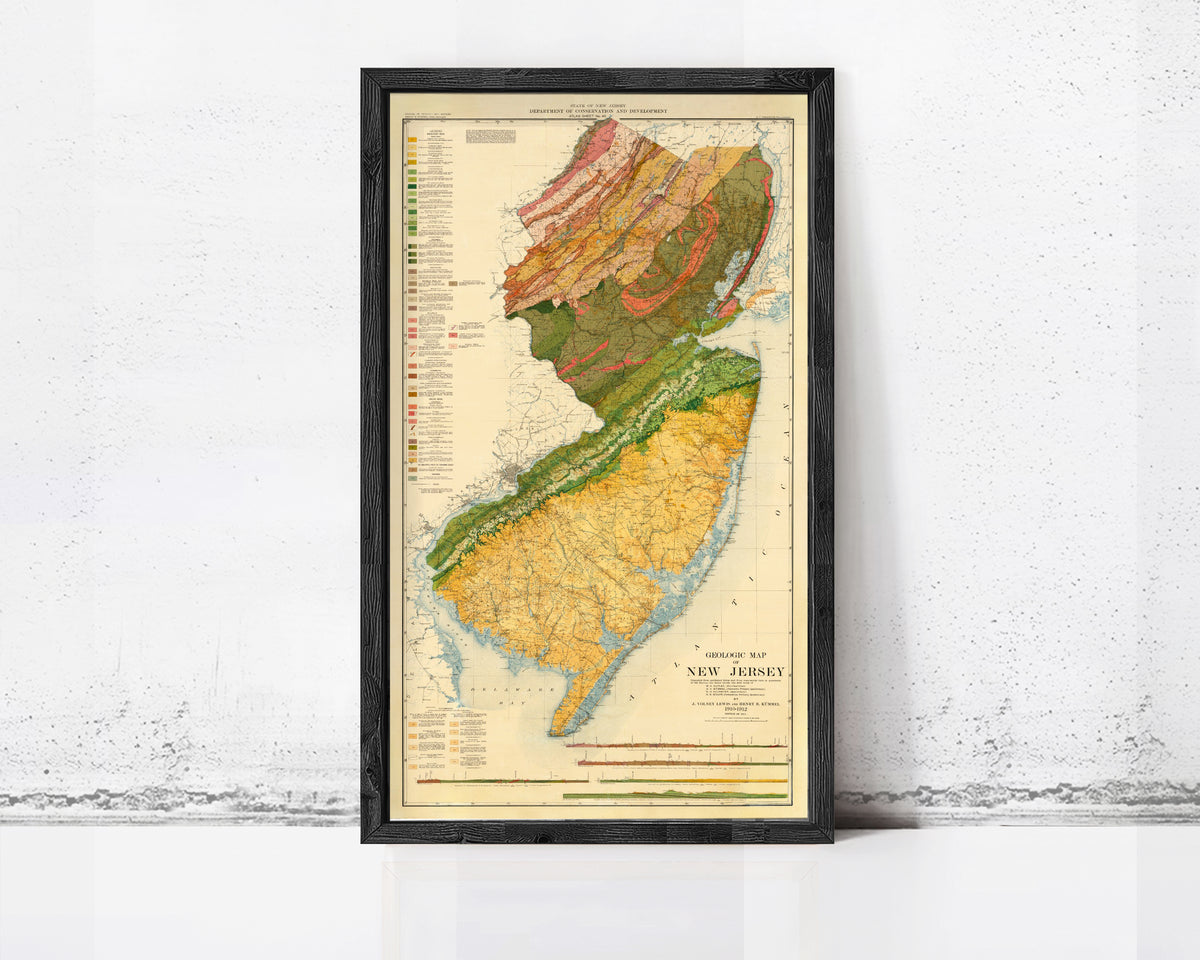 The image is a framed geological map of New Jersey, depicting the state's geographical features and boundaries.