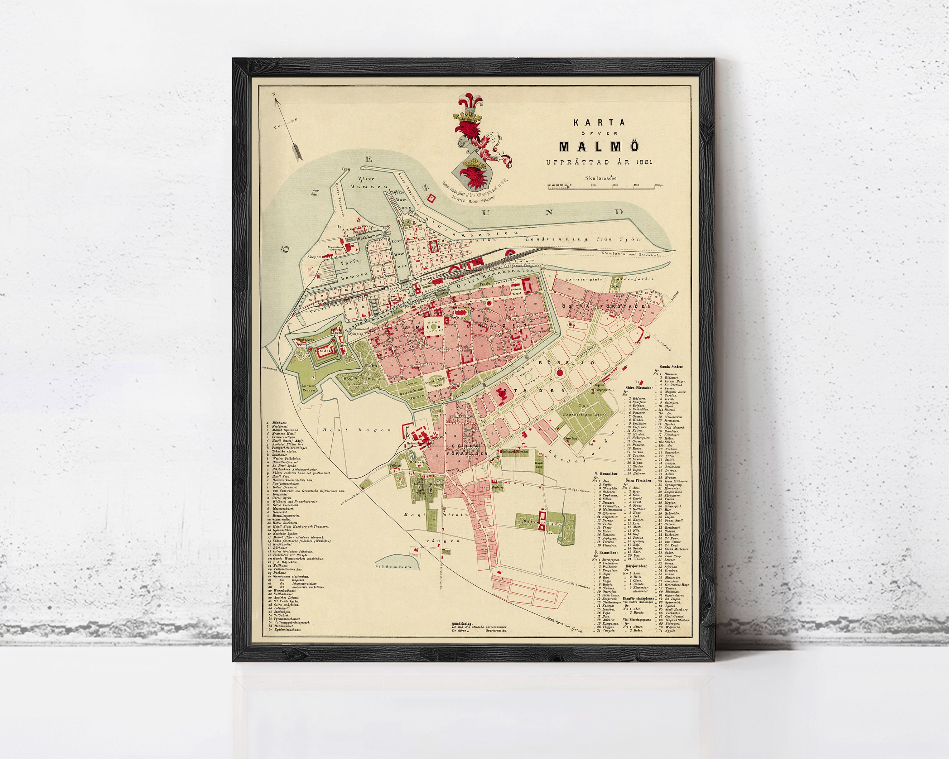 The image is a framed map of the city of Malmö, Sweden, dated 1881.
