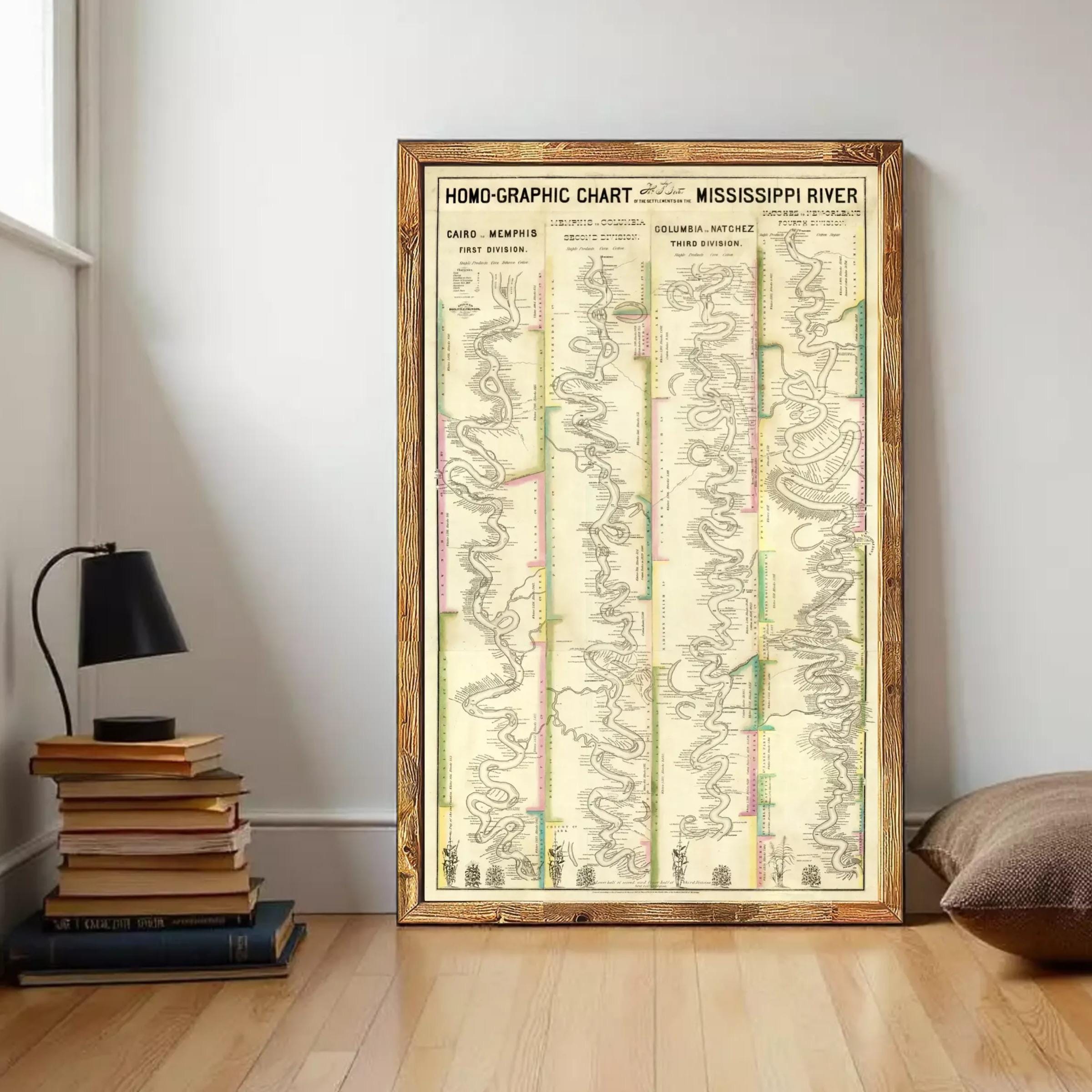 The image is a framed vintage map of the Mississippi River, displaying various rivers and waterways in a detailed and colorful manner.
