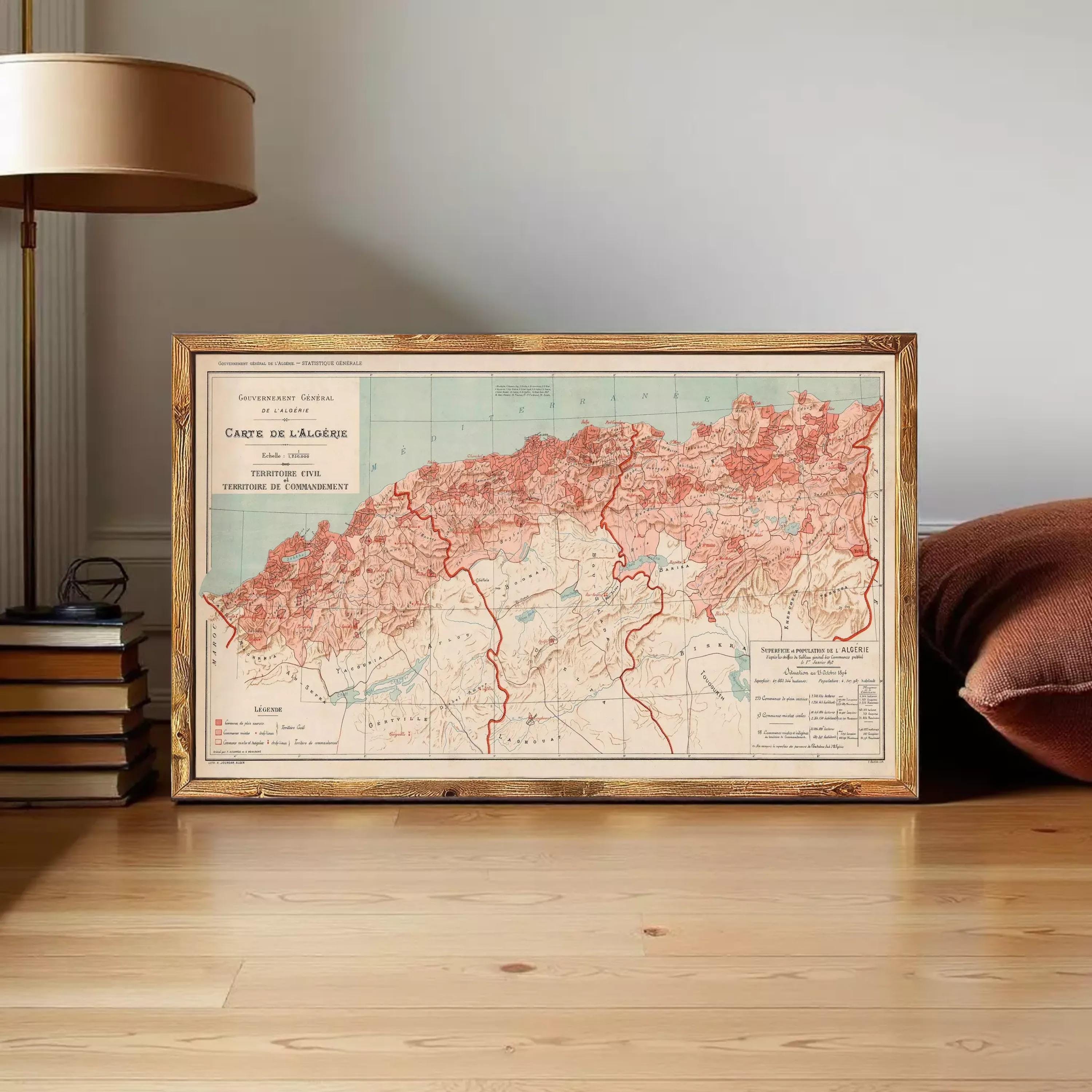The image is a framed map of the French territory of Algeria, depicting the country's geographical layout and boundaries.