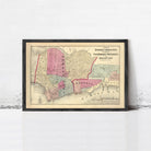 The image is a framed vintage map of Hoboken, Jersey City, New Jersey, depicting the city's layout and surrounding areas.